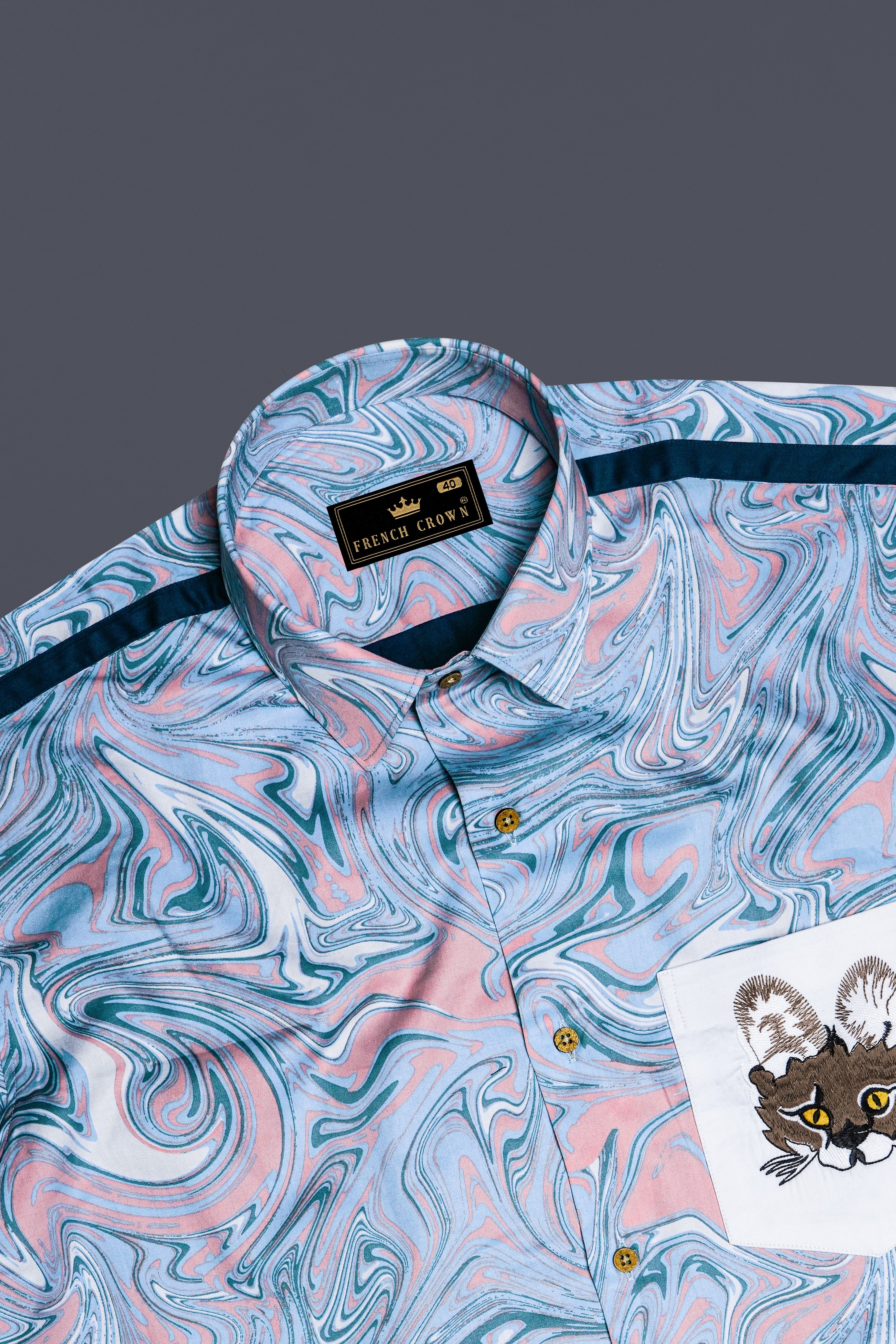 Faylin-Spindle Blue And Kawaii Pink Printed Fox Pocket Embroidered Super Soft Premium Cotton Casual Designer Shirt