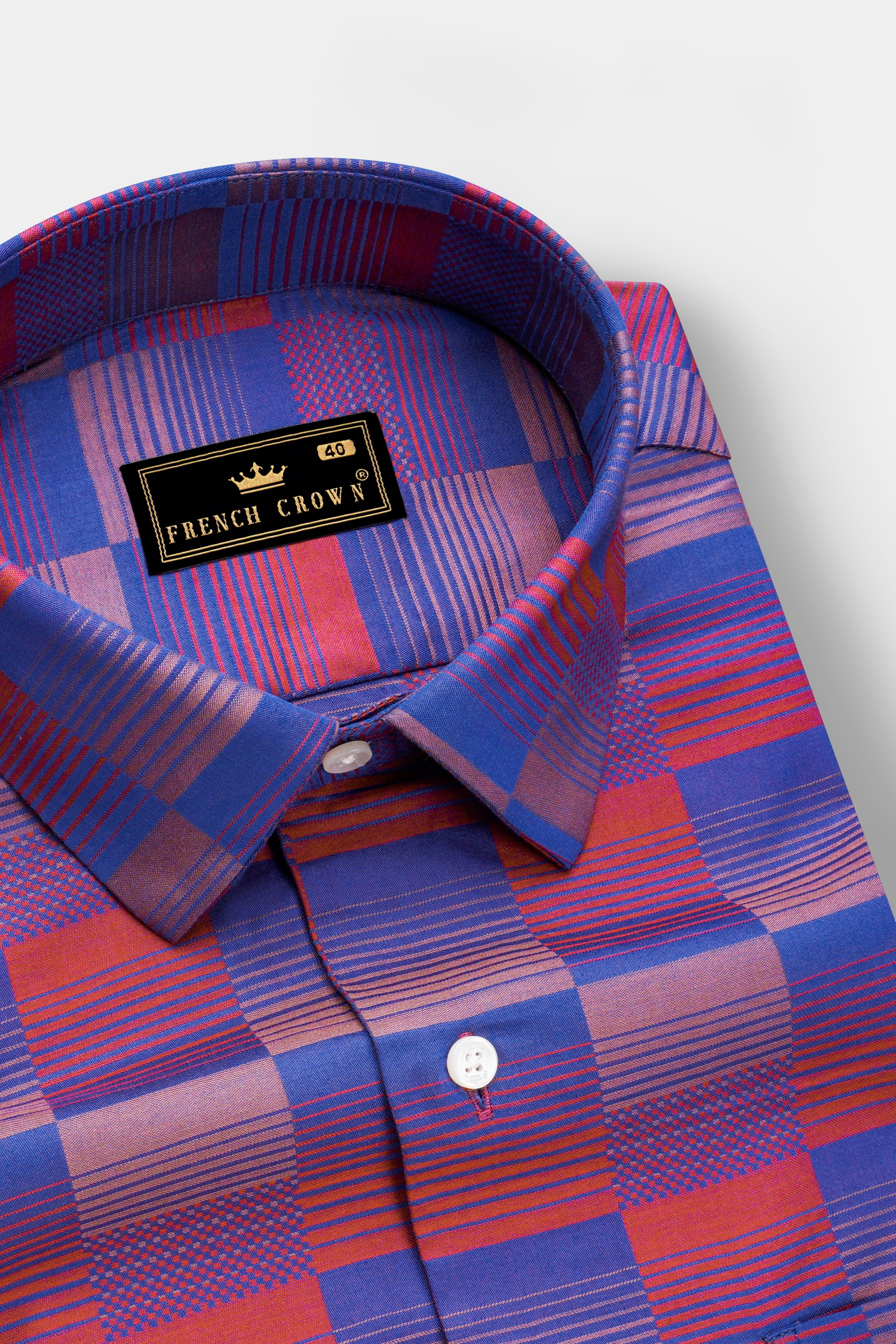 Blenzin-Marino Blue And Faded Red Jacquard Textured Premium Cotton Dress Shirt