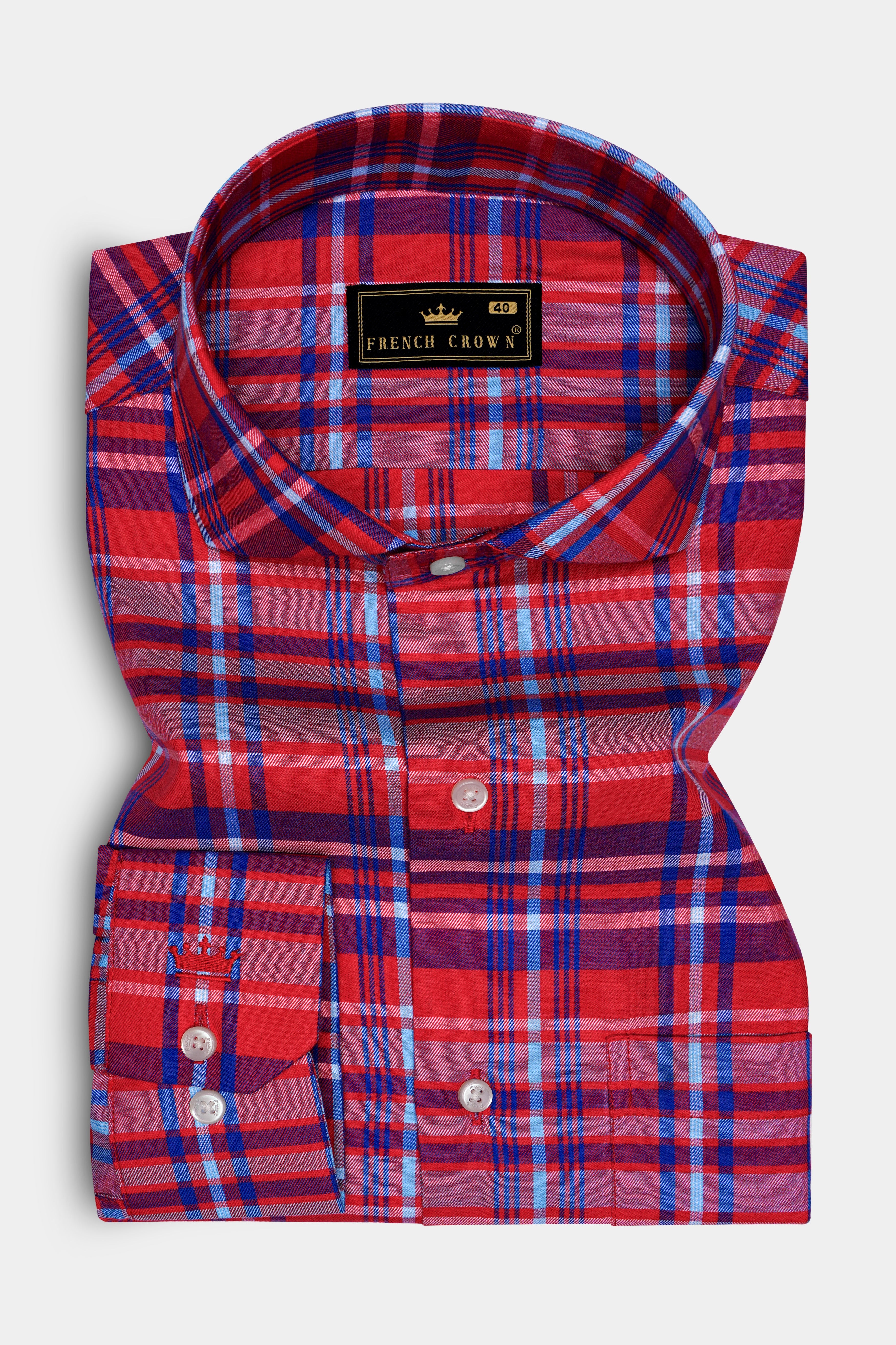 Rublen-Shiraz Red And Torea Bay Blue Plaid Twill Premium Cotton Casual Shirt