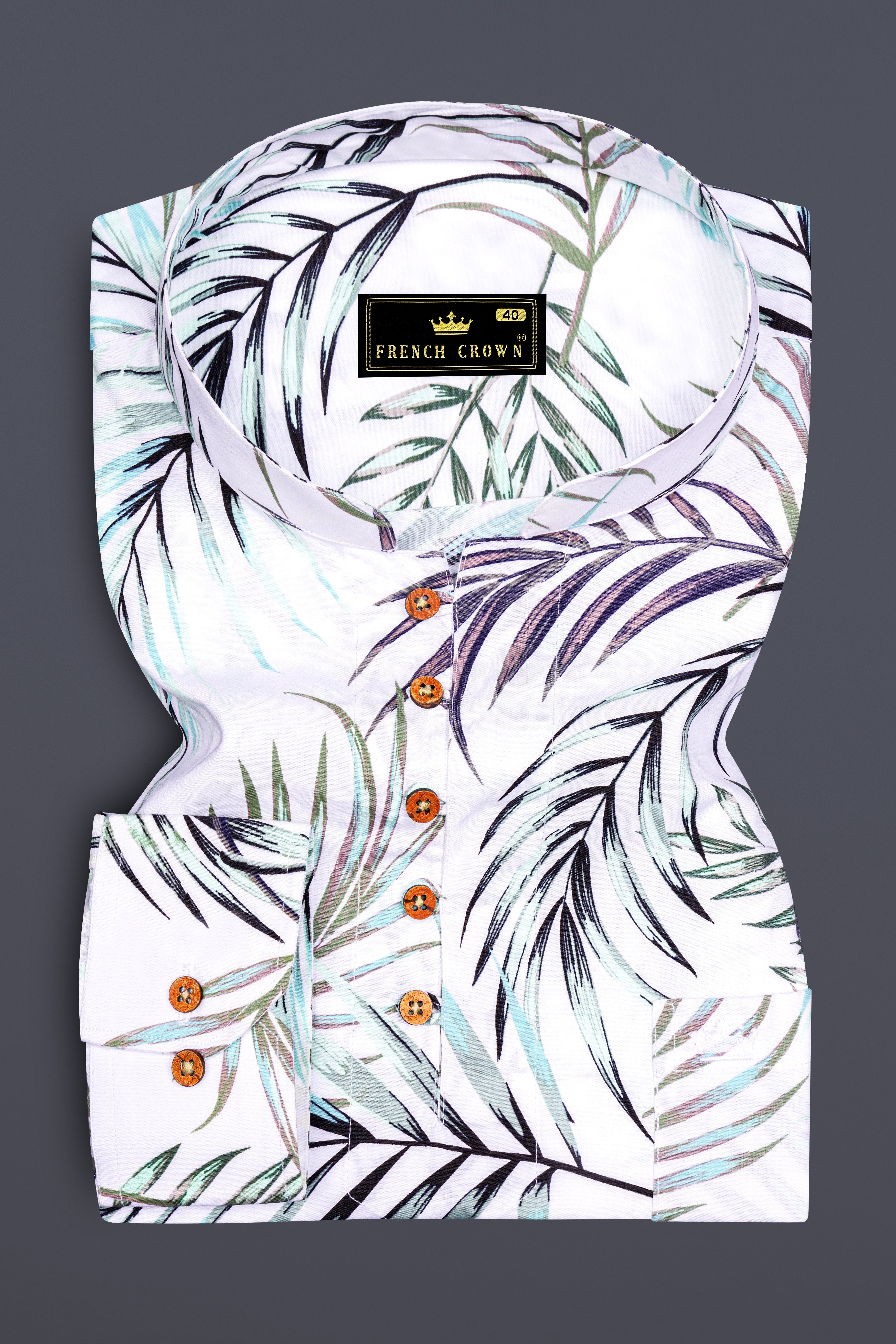 Verdilo-Bright White Multicolour Leaves Printed Super Soft Premium Cotton Casual Kurta Shirt