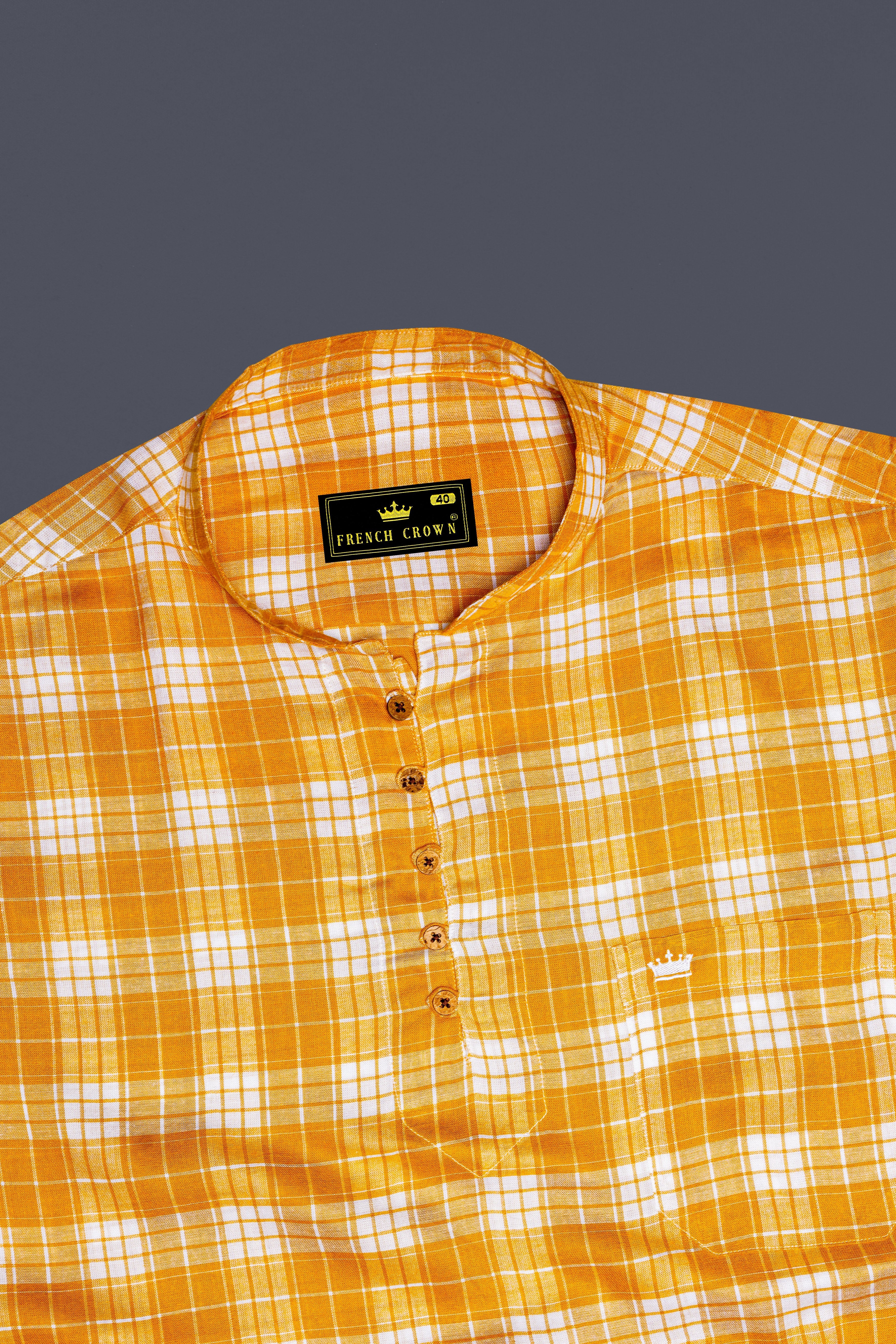 Amberine-Burnt Yellow Plaid Super Soft Tencel Casual Kurta Shirt