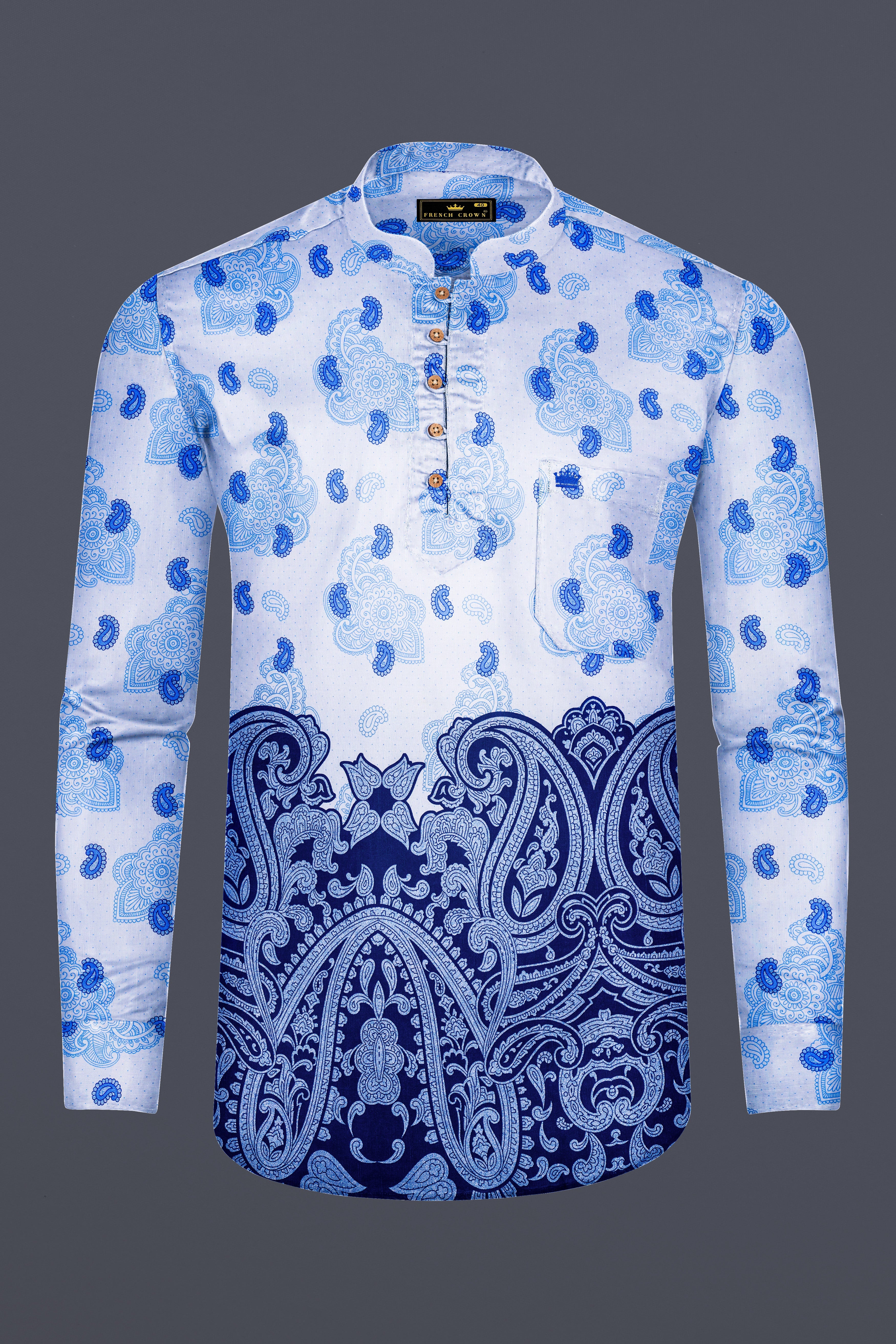 Lilaysh-Periwinkle Blue And Bright White Paisleys Printed Chambray Premium Cotton Casual Kurta Shirt