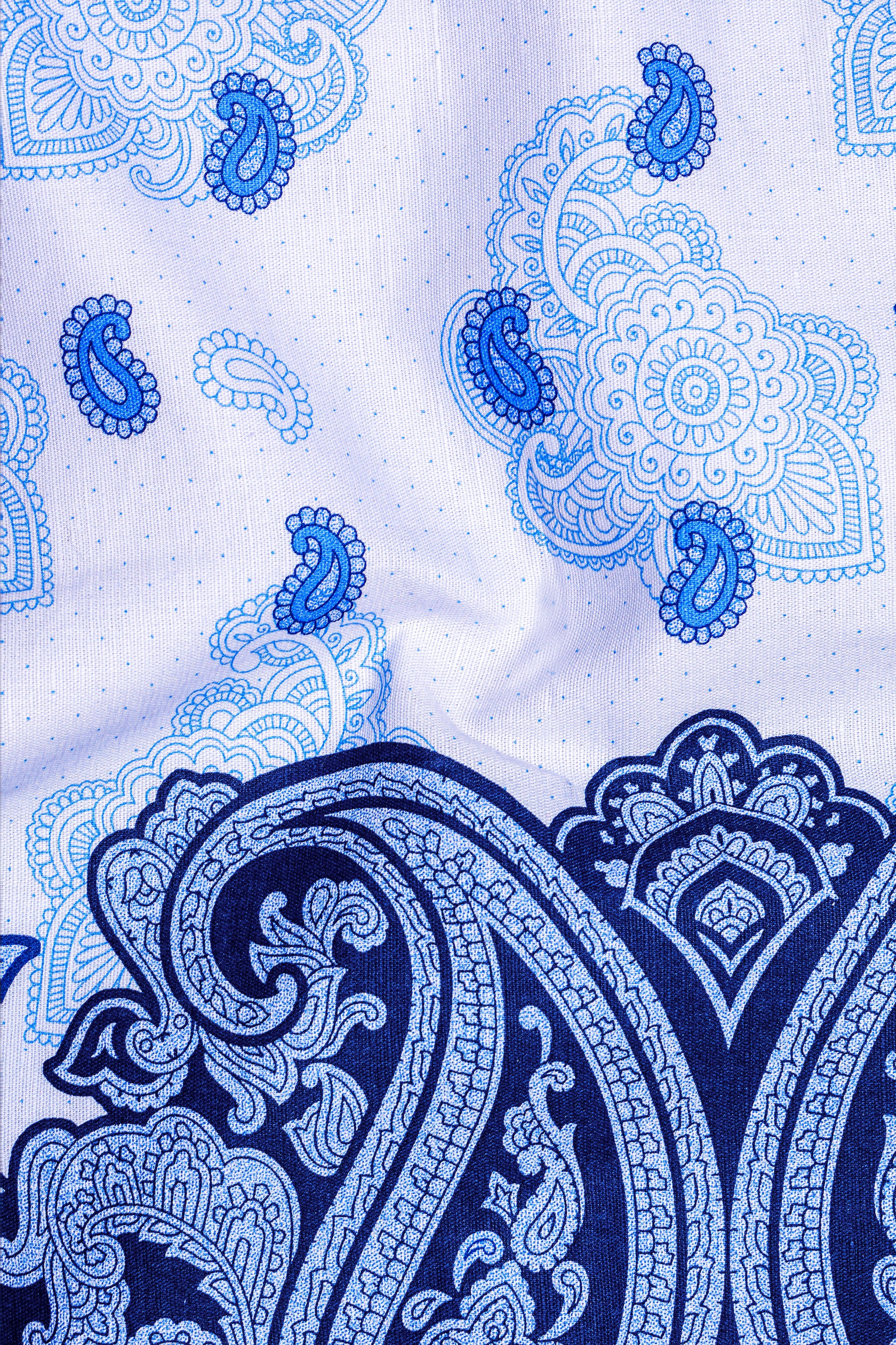 Lilaysh-Periwinkle Blue And Bright White Paisleys Printed Chambray Premium Cotton Casual Kurta Shirt