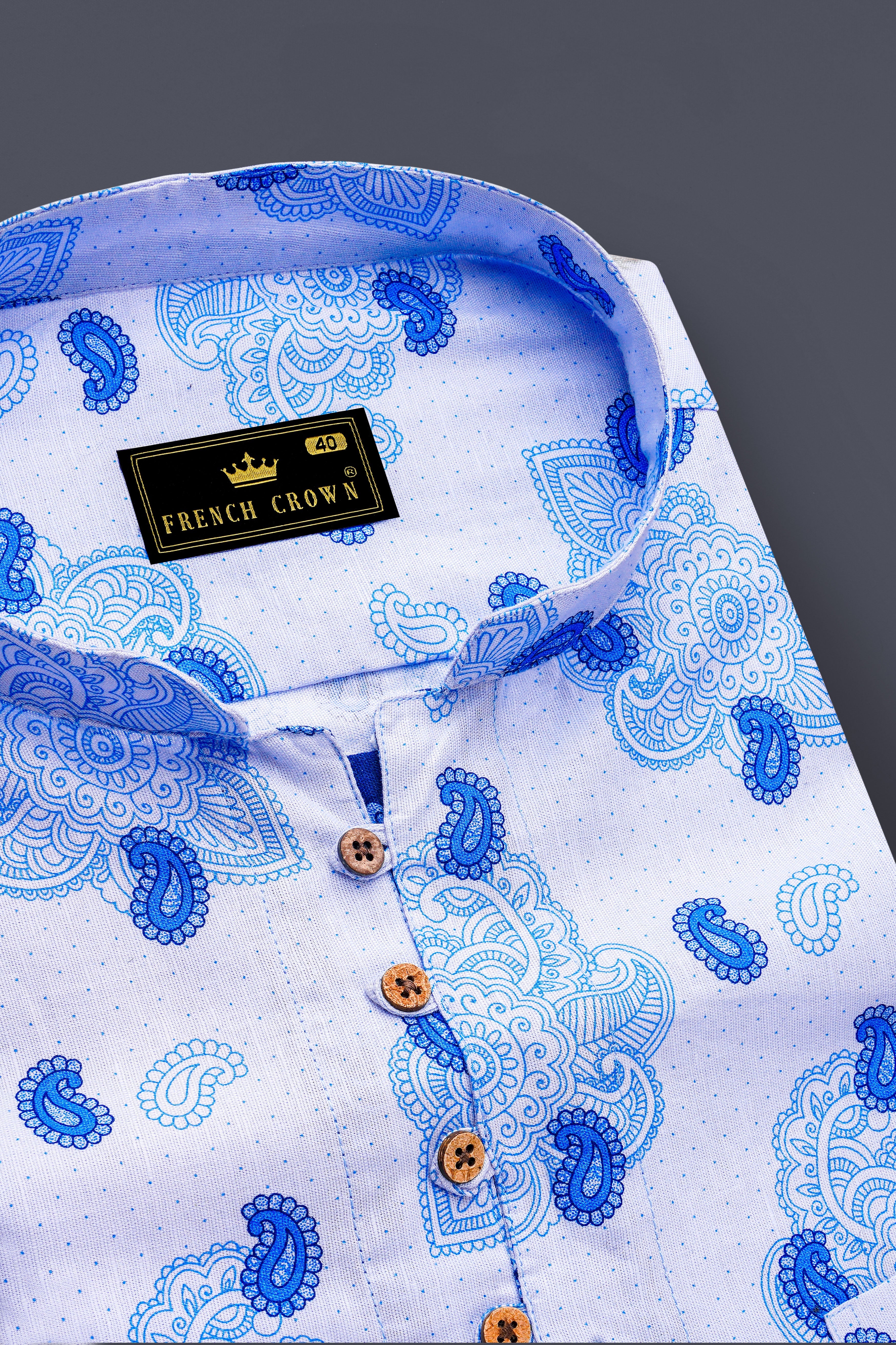 Lilaysh-Periwinkle Blue And Bright White Paisleys Printed Chambray Premium Cotton Casual Kurta Shirt