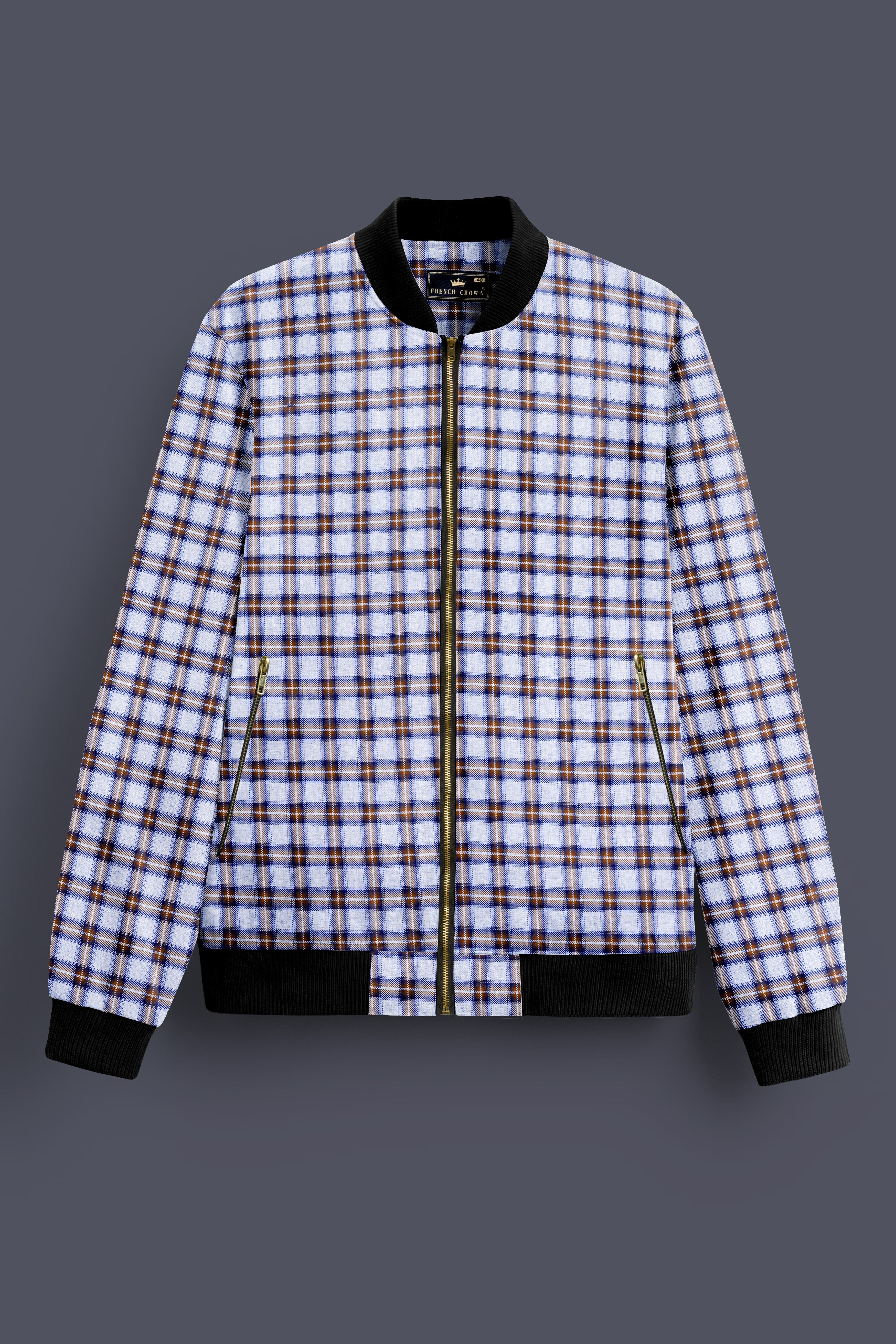 Castaire-Chateau Blue with Cocoa Brown Plaid Wool Rich Bomber Jacket