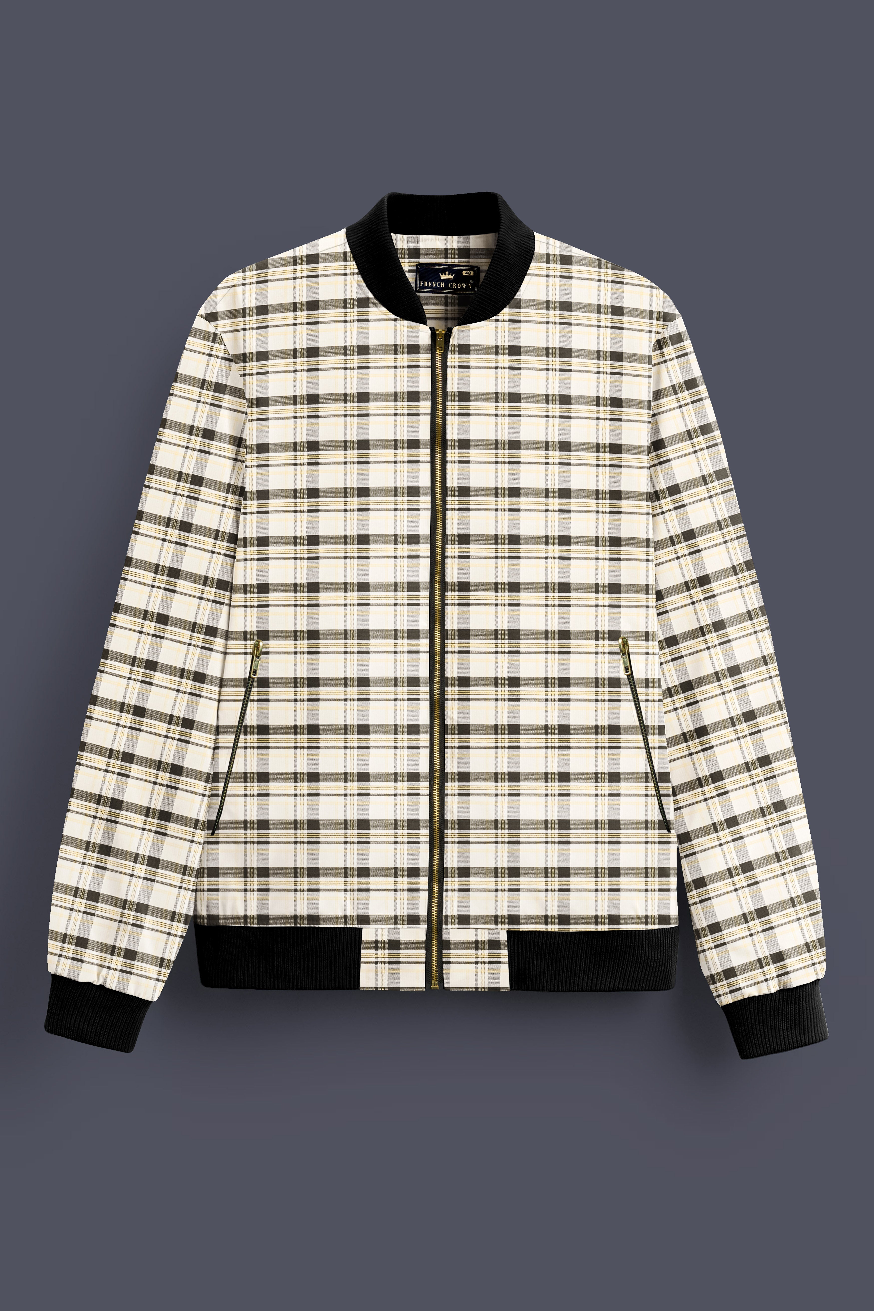 Mirella-Wheatfield Cream with Taupe Green Plaid Premium Cotton Bomber Jacket