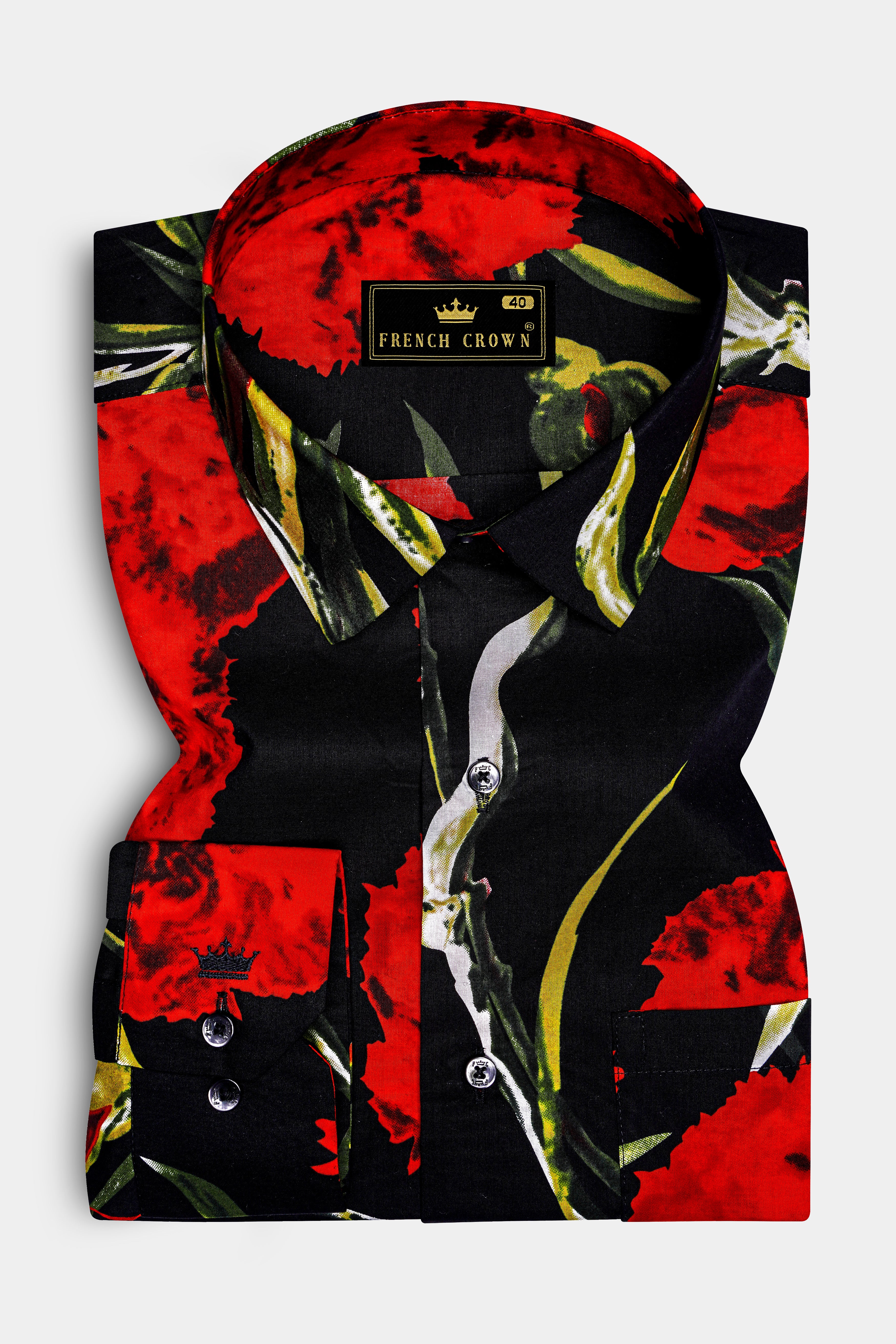 Noirrosa-Jade Black And Milano Red Floral Printed Super Soft Premium Cotton Casual Shirt