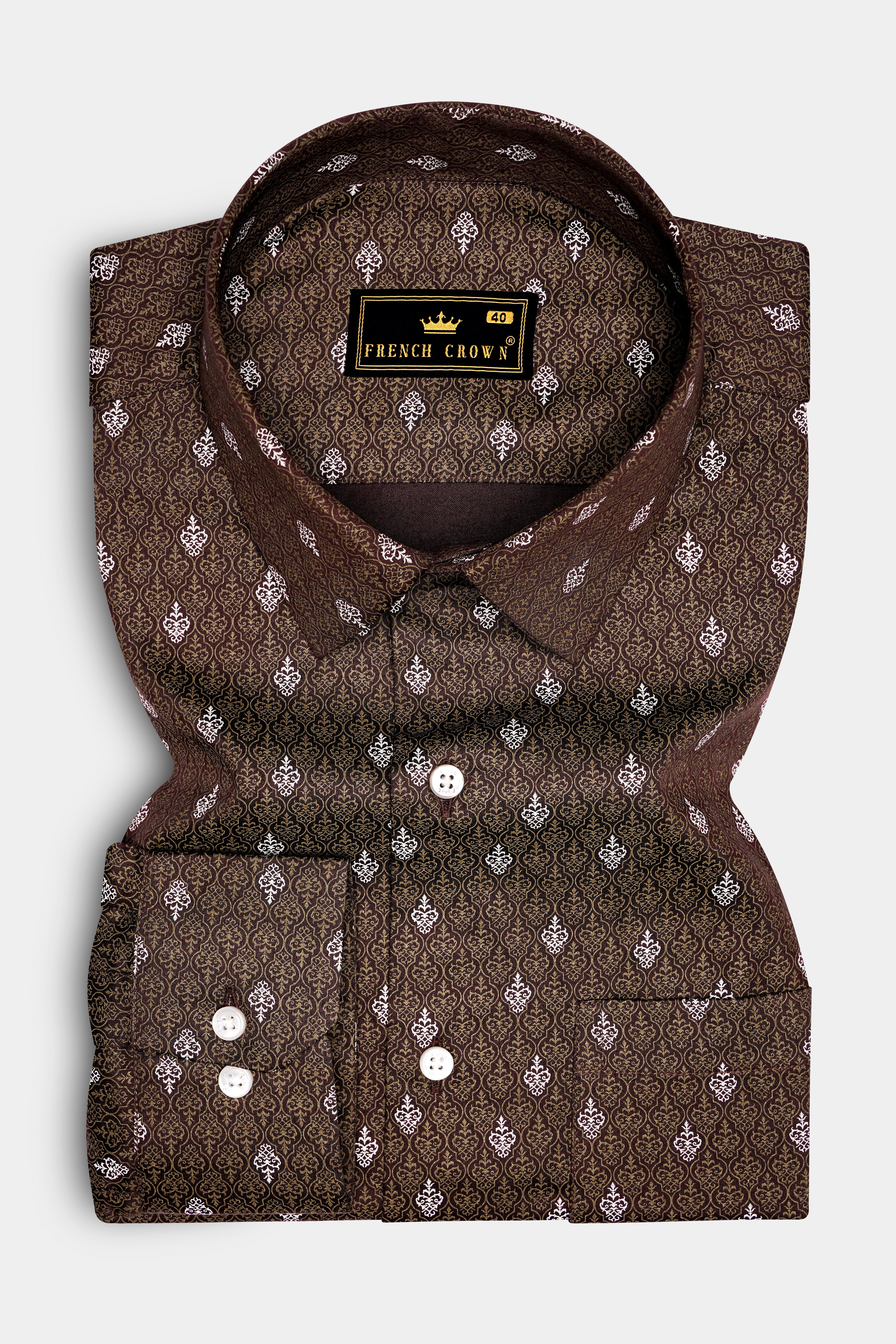 Bronzio-Iroko Brown Damask Printed Subtle Sheen Super Soft Premium Cotton Dress Shirt