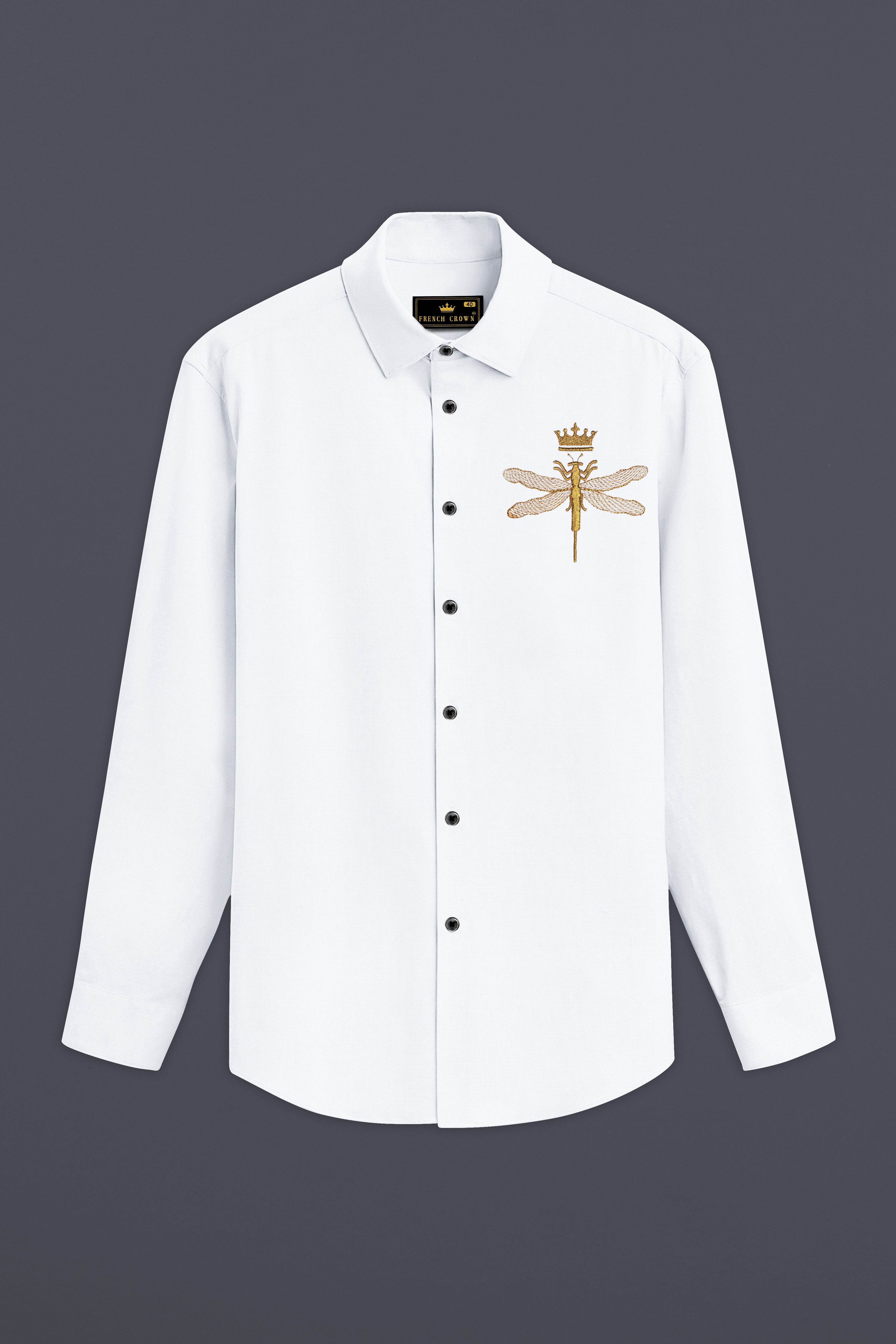 Aurefly-Bright White Dragonfly Embroidered Subtle Sheen Super Soft Premium Cotton Designer Shirt