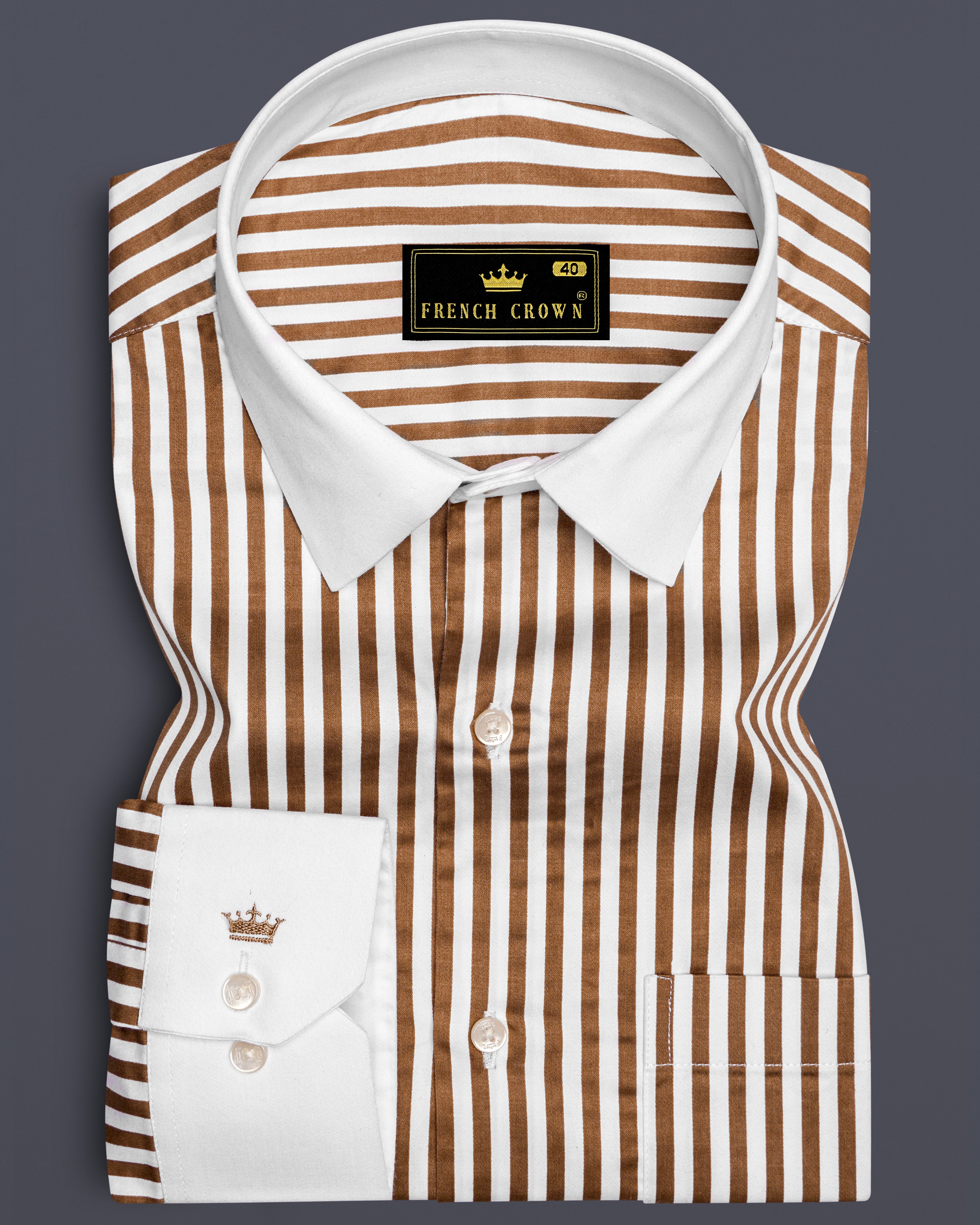 Bralisse-Tawny Brown And Bright White Striped Super Soft Premium Cotton Dress White Cuff Collar Shirt Bralisse-Tawny Brown And Bright White Striped Super Soft Premium Cotton Dress White Cuff Collar Shirt