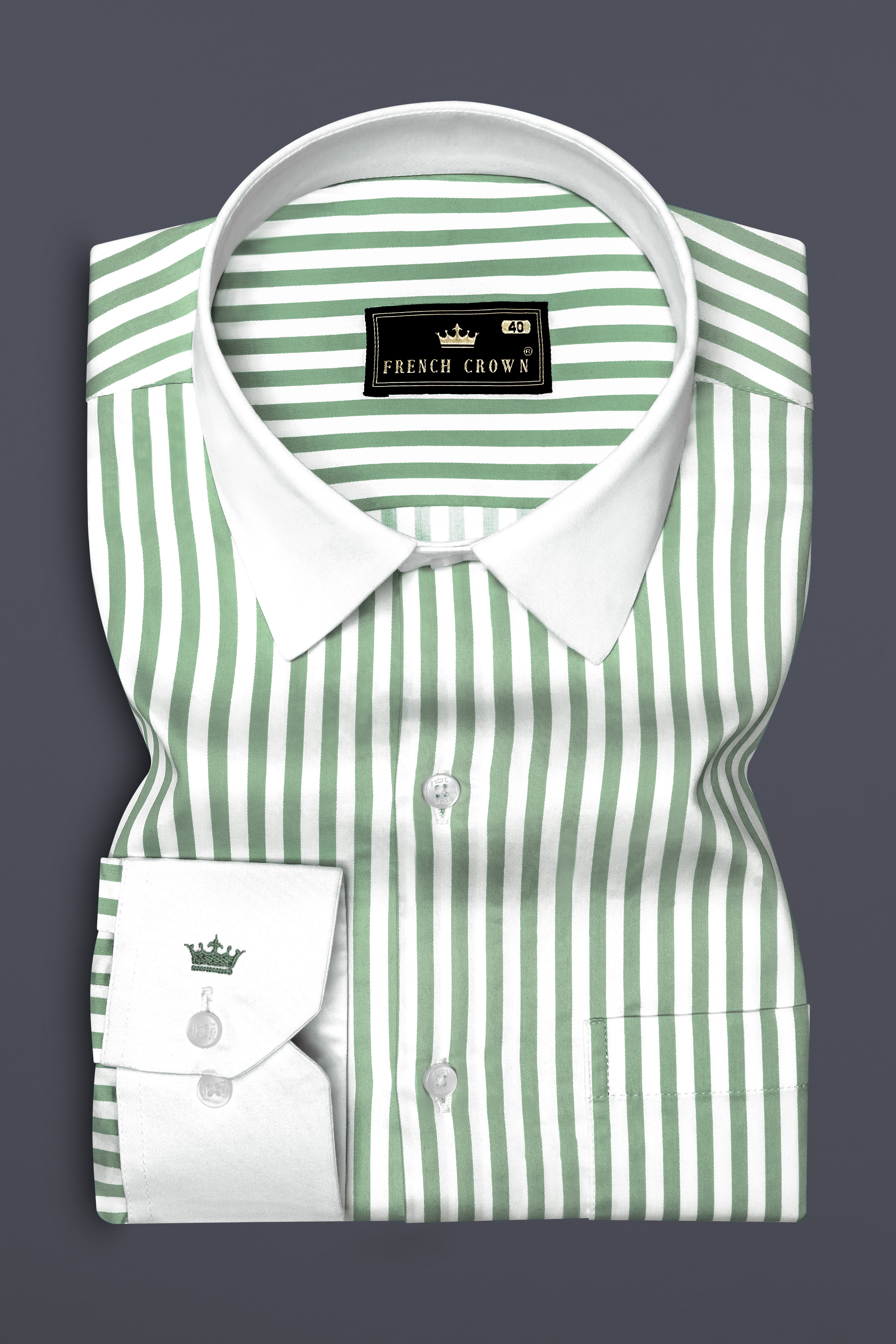 Frescira-Viridian Green And Bright White Striped Super Soft Premium Cotton Formal White Cuff Collar Shirt