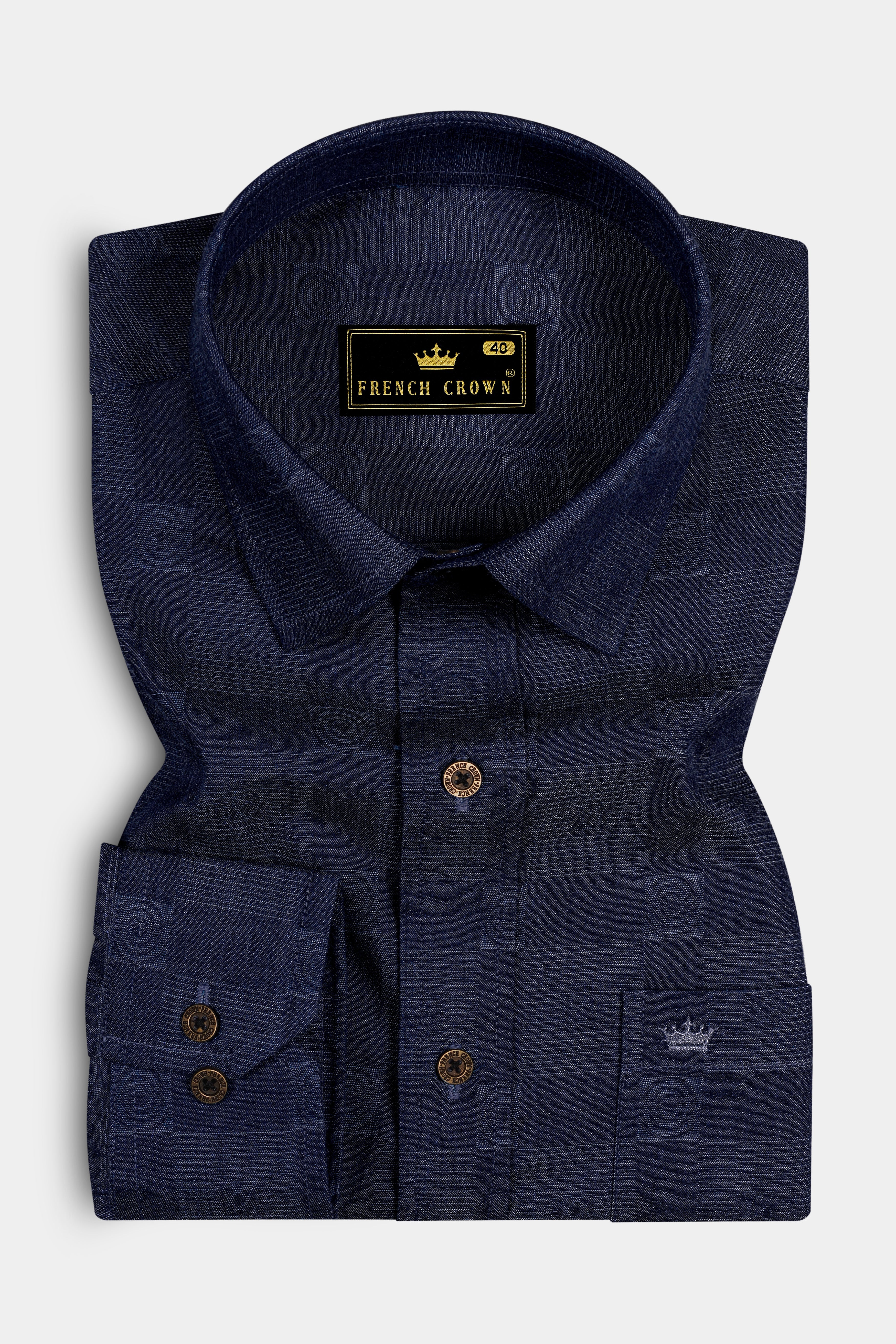 Squivra-Mirage Denim Blue square and circular motifs Textured Super Soft Premium Cotton Casual Shirt