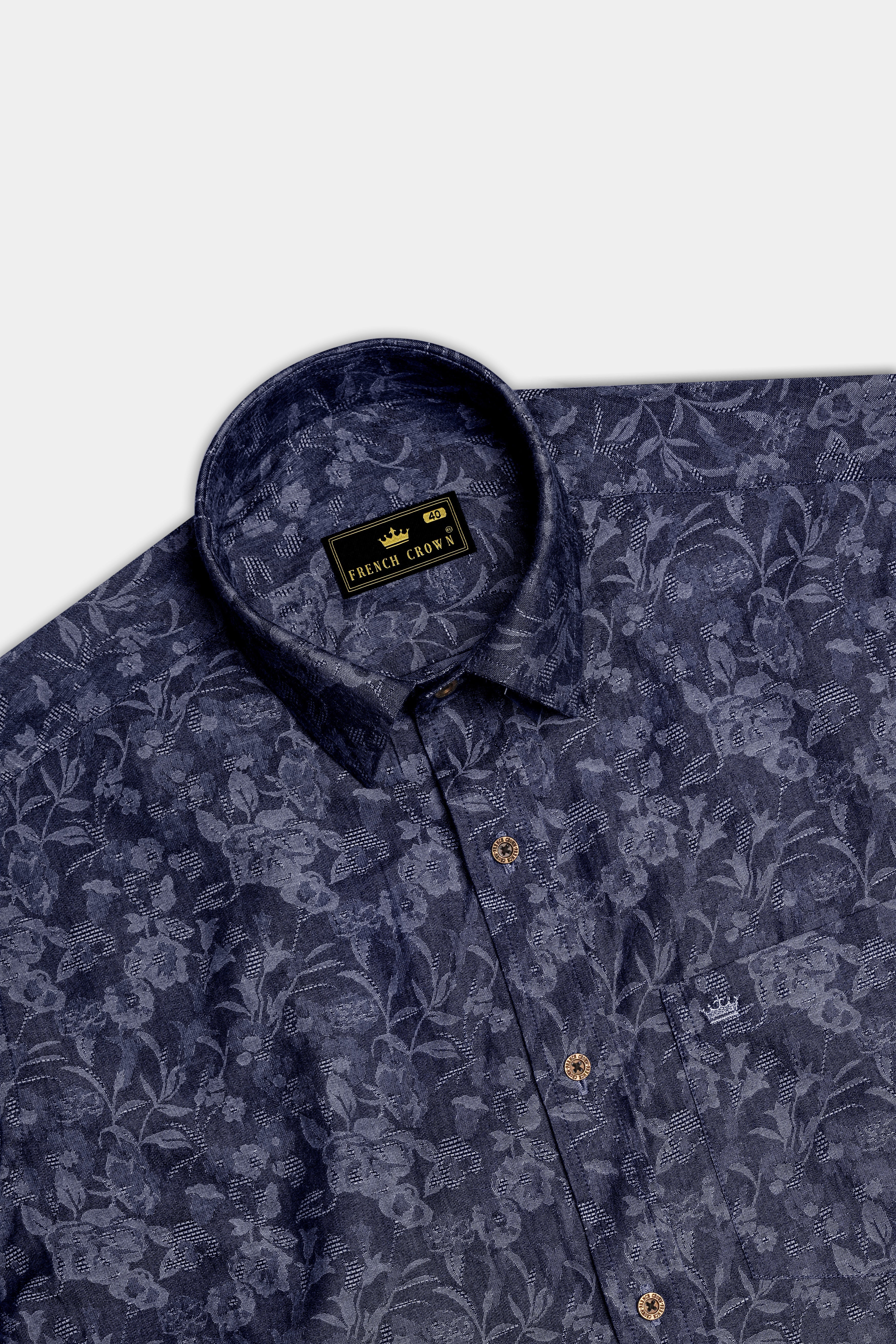Fiorenza-Martinique Denim Blue Floral Jacquard Print Super Soft Premium Cotton Casual Shirt