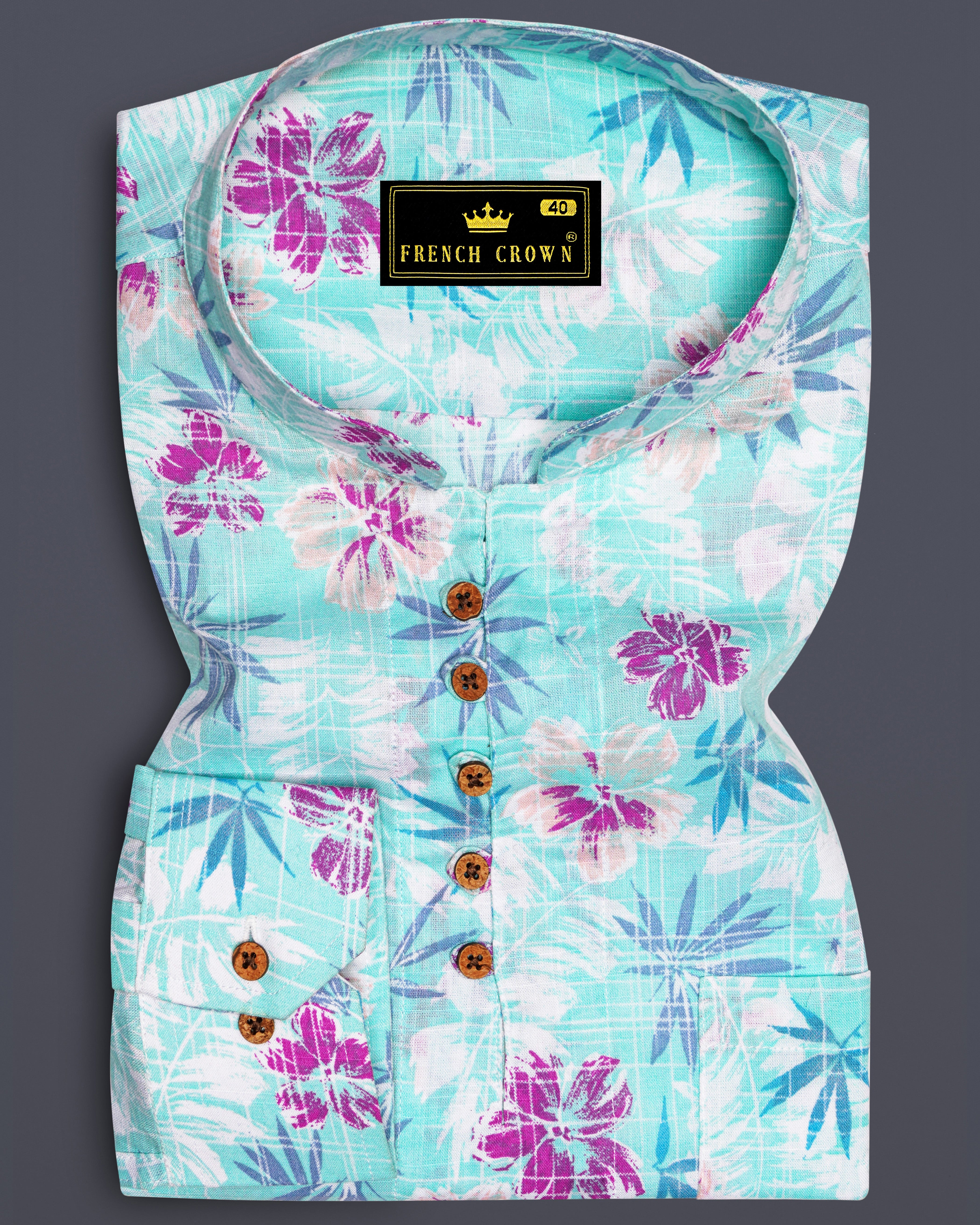 Tropivell-Tiffany Blue And Plum Pink Tropical Breeze Printed Luxurious Linen Casual Shirt