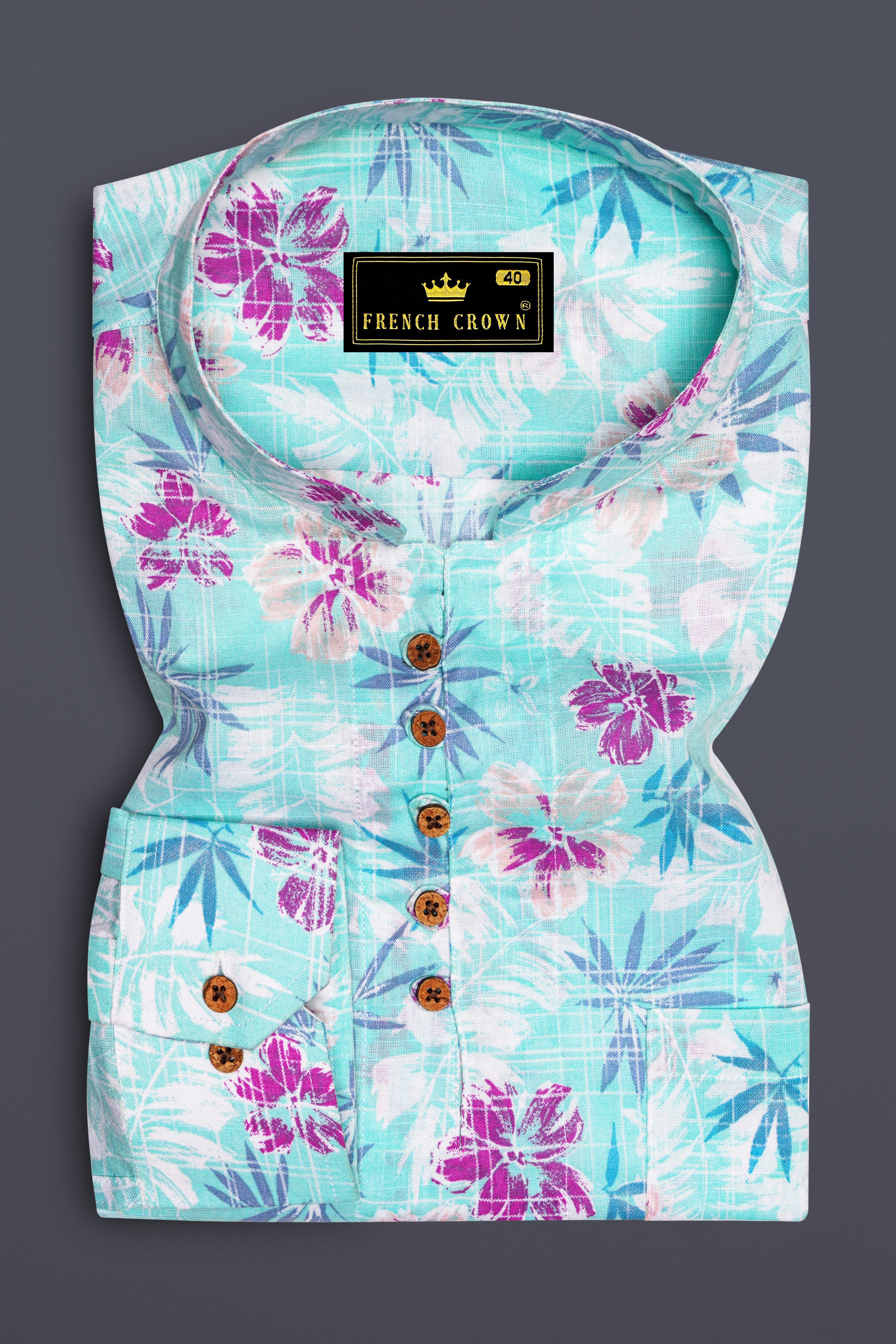 Tropivell-Tiffany Blue And Plum Pink Tropical Breeze Printed Luxurious Linen Casual Shirt