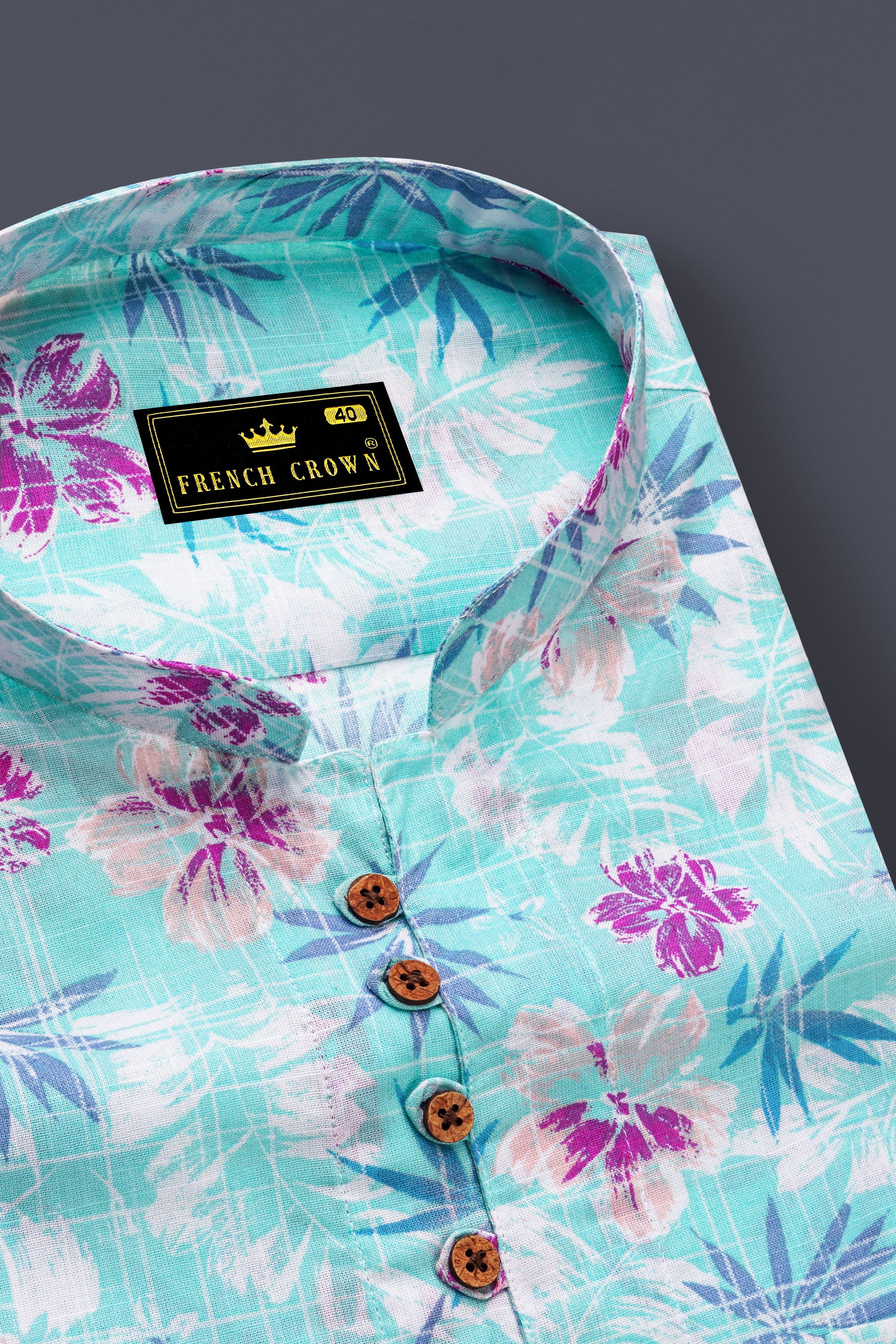 Tropivell-Tiffany Blue And Plum Pink Tropical Breeze Printed Luxurious Linen Casual Shirt