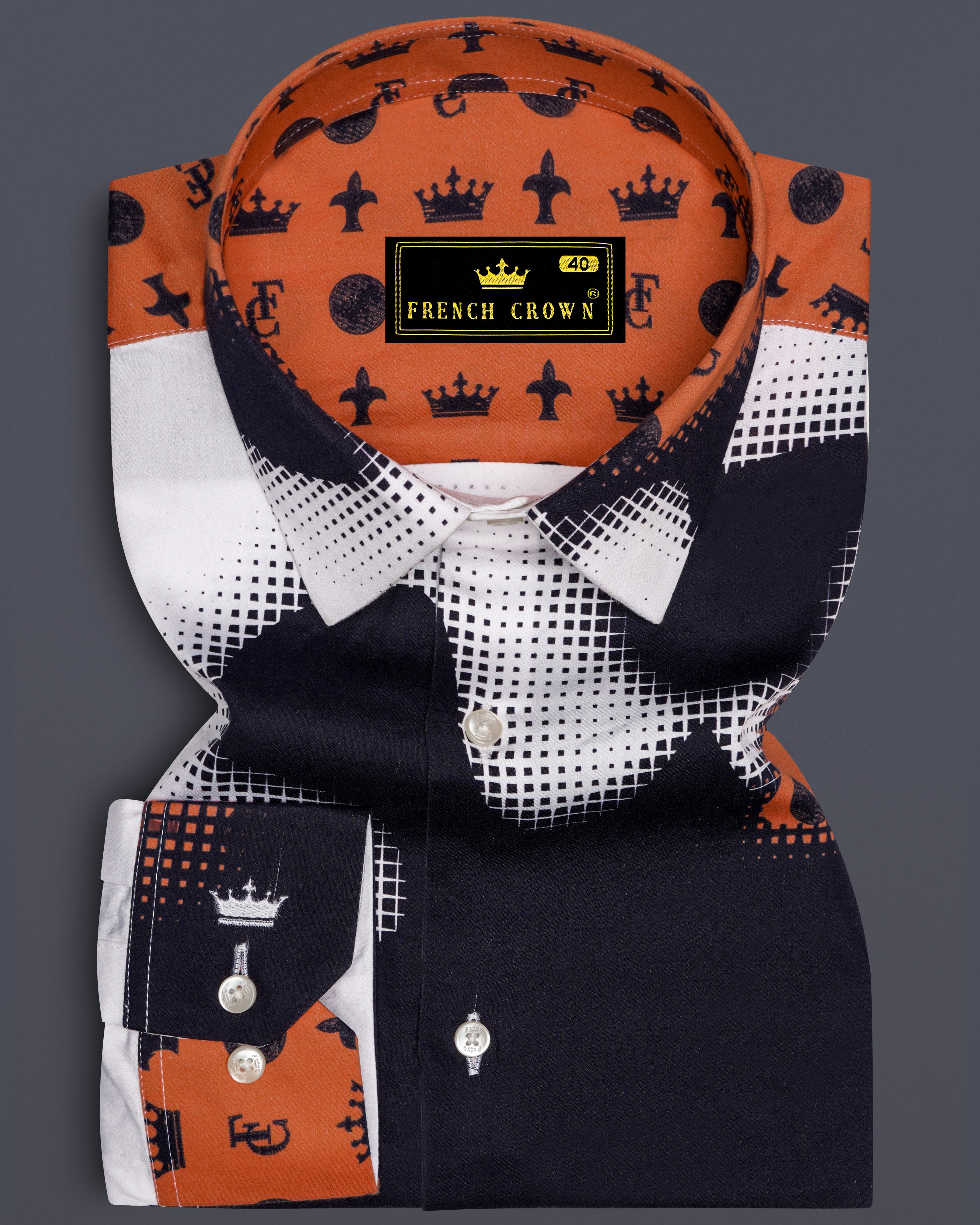 Tuscrest-Almost Blue And Tuscany Orange French Crown Elements Printed Super Soft Premium Cotton Casual Shirt
