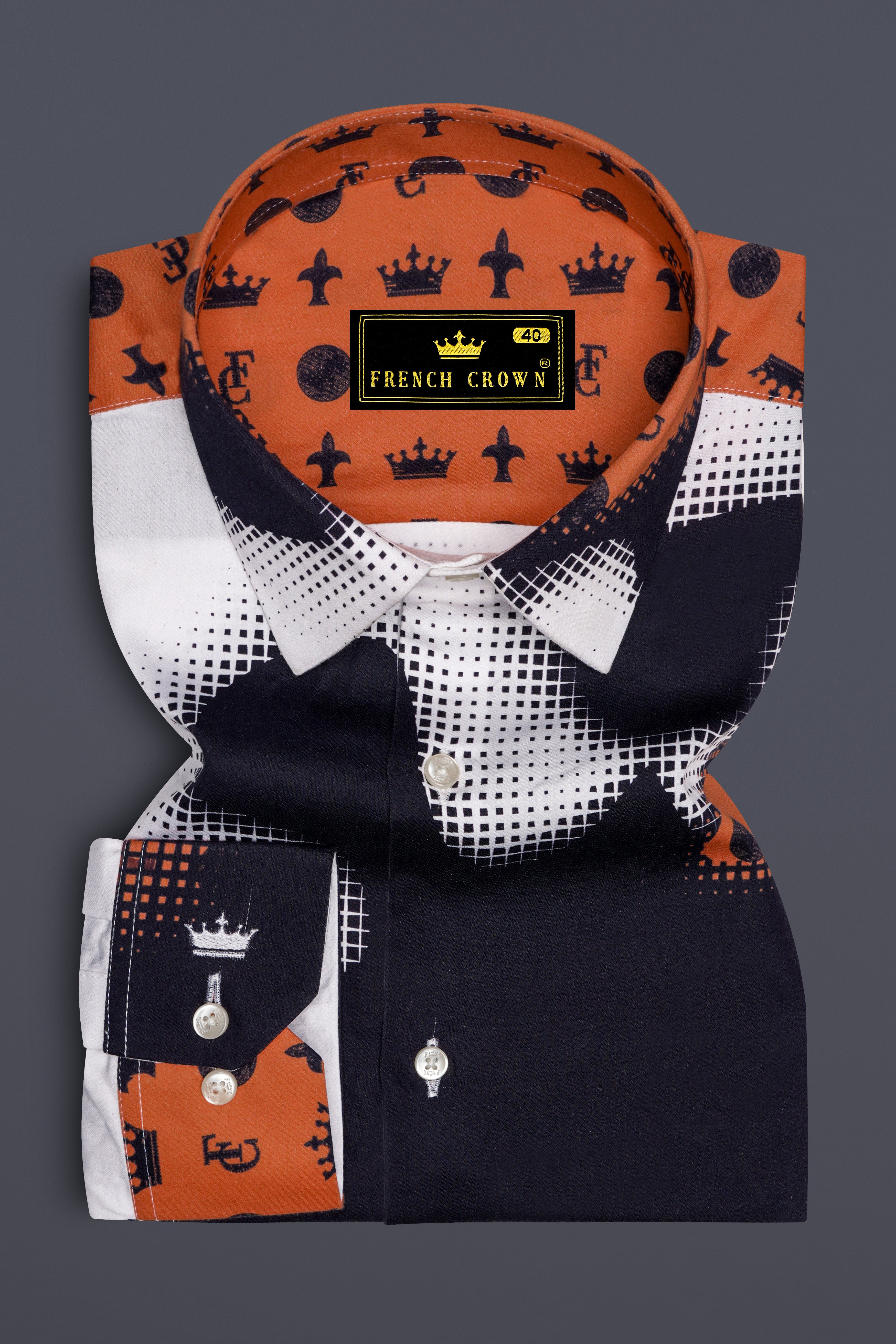 Tuscrest-Almost Blue And Tuscany Orange French Crown Elements Printed Super Soft Premium Cotton Casual Shirt