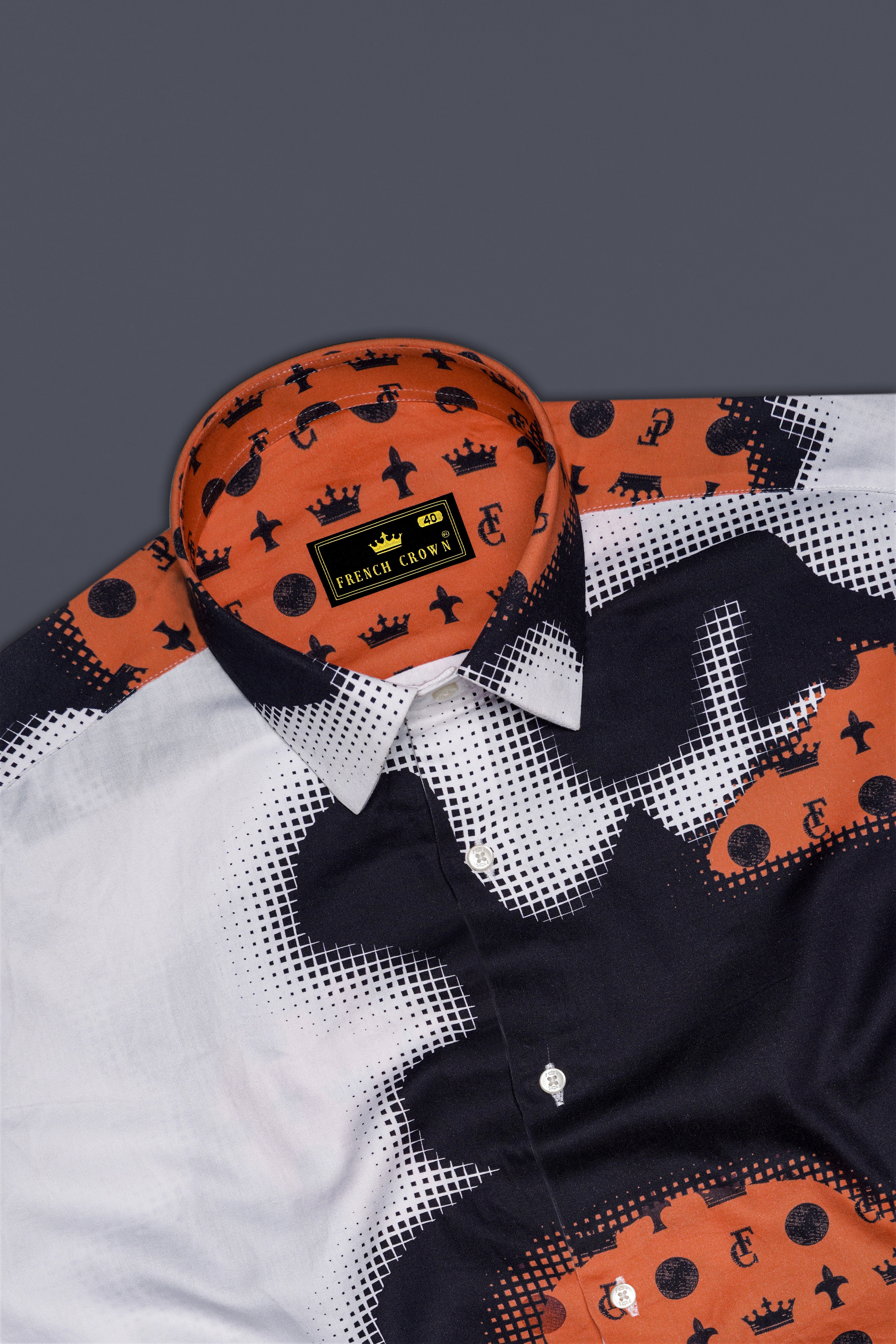 Tuscrest-Almost Blue And Tuscany Orange French Crown Elements Printed Super Soft Premium Cotton Casual Shirt
