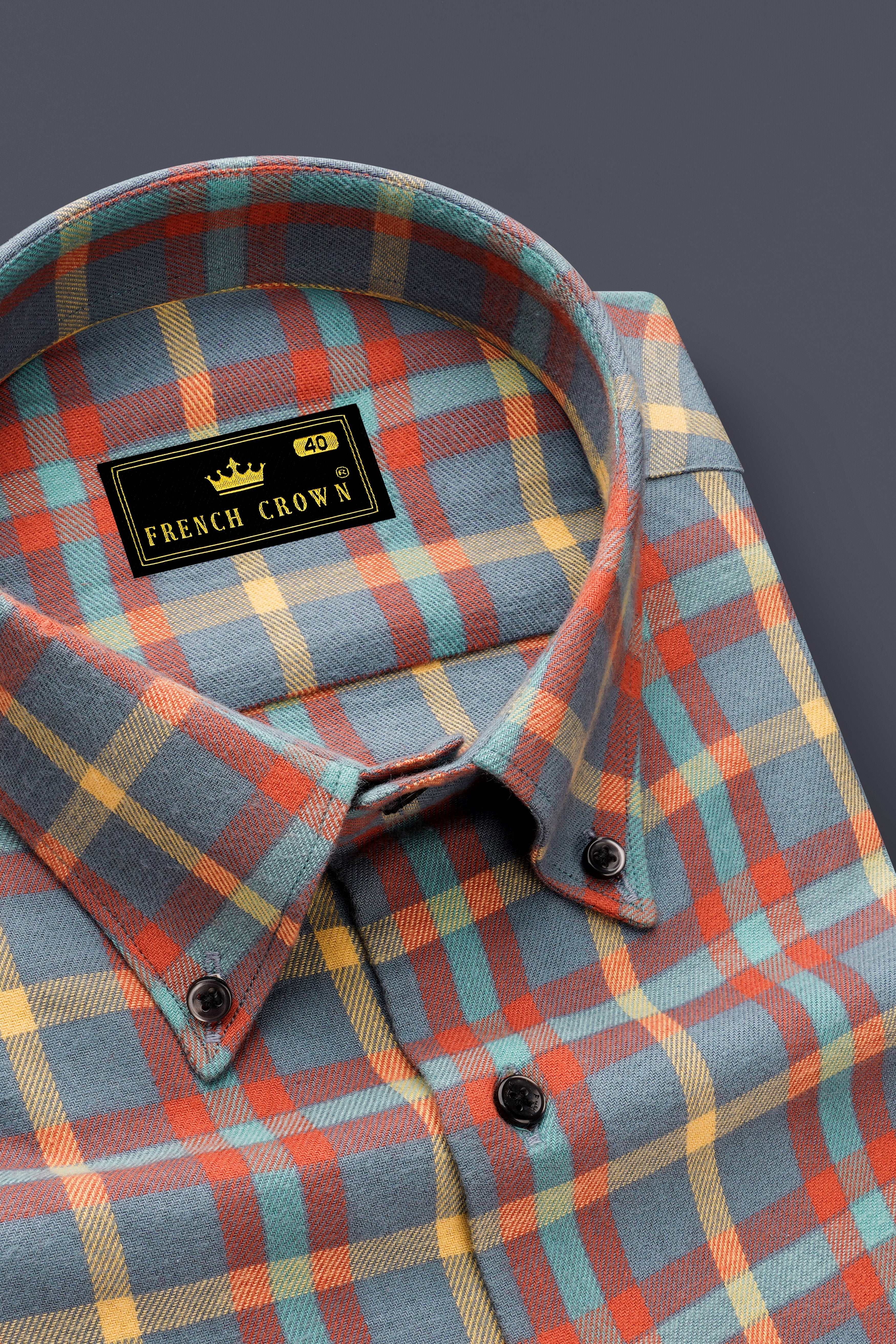 Ignivon-Raven Gray And Shocking Orange Plaid Flannel Premium Cotton Casual Shirt