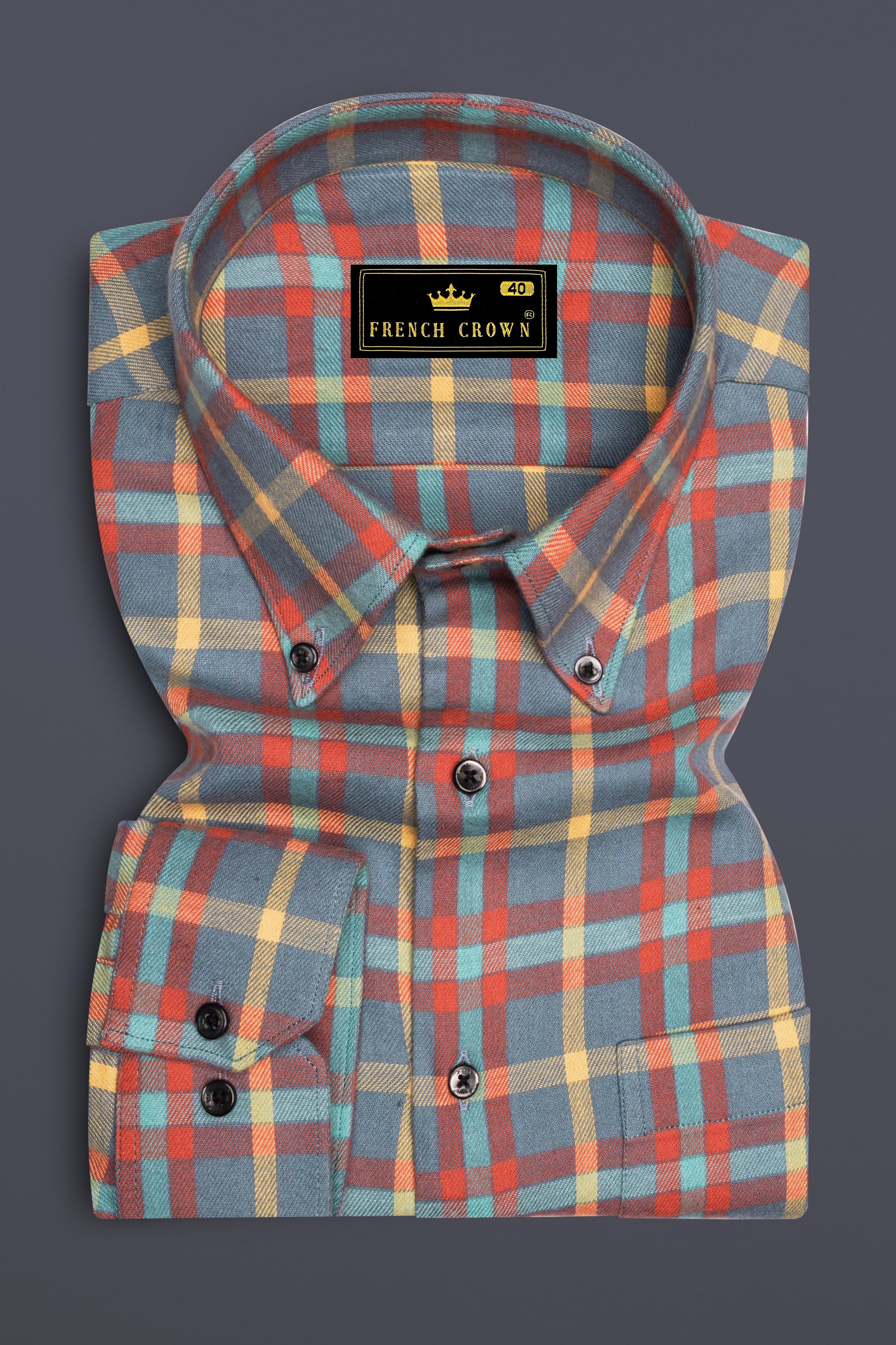 Ignivon-Raven Gray And Shocking Orange Plaid Flannel Premium Cotton Casual Shirt