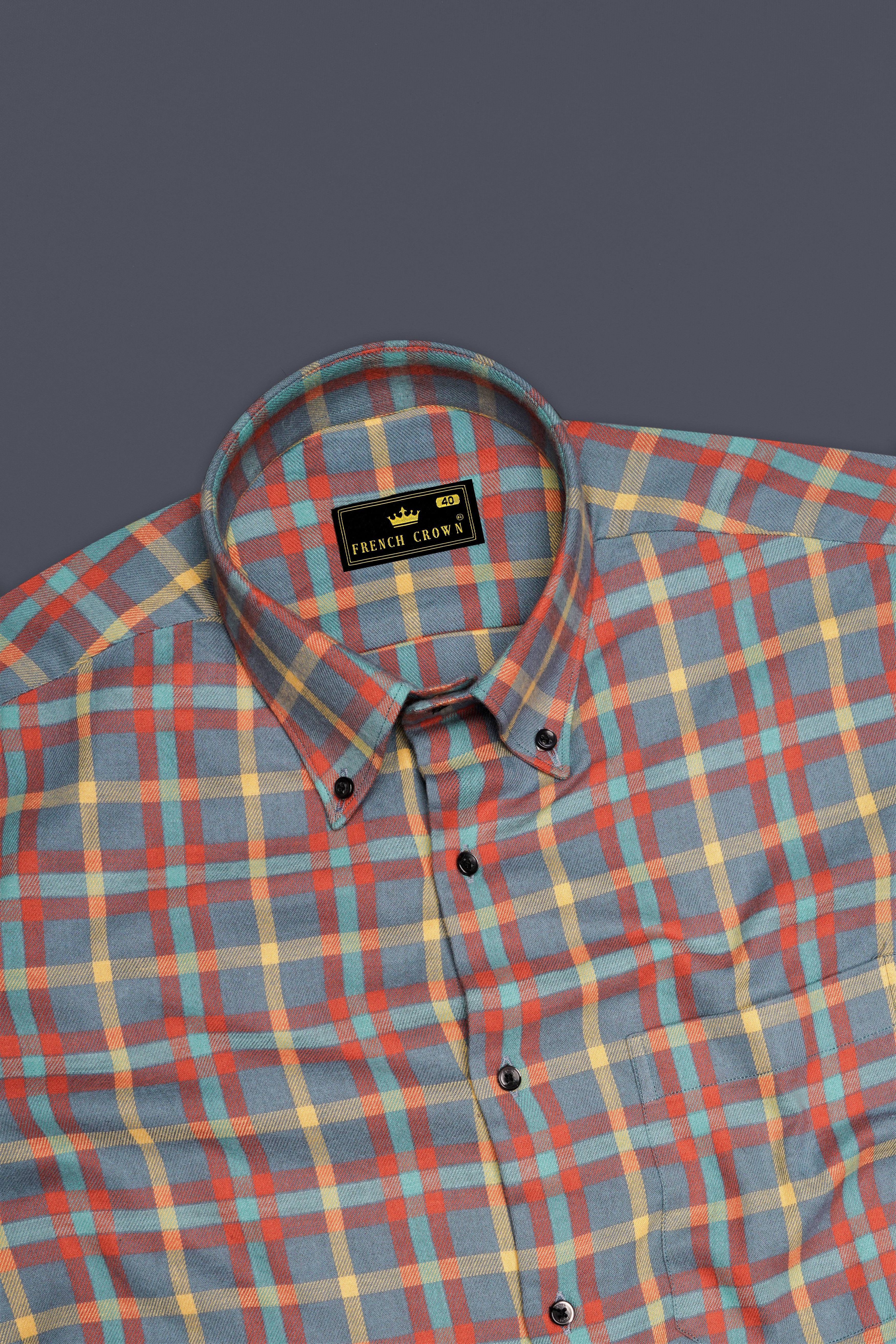 Ignivon-Raven Gray And Shocking Orange Plaid Flannel Premium Cotton Casual Shirt