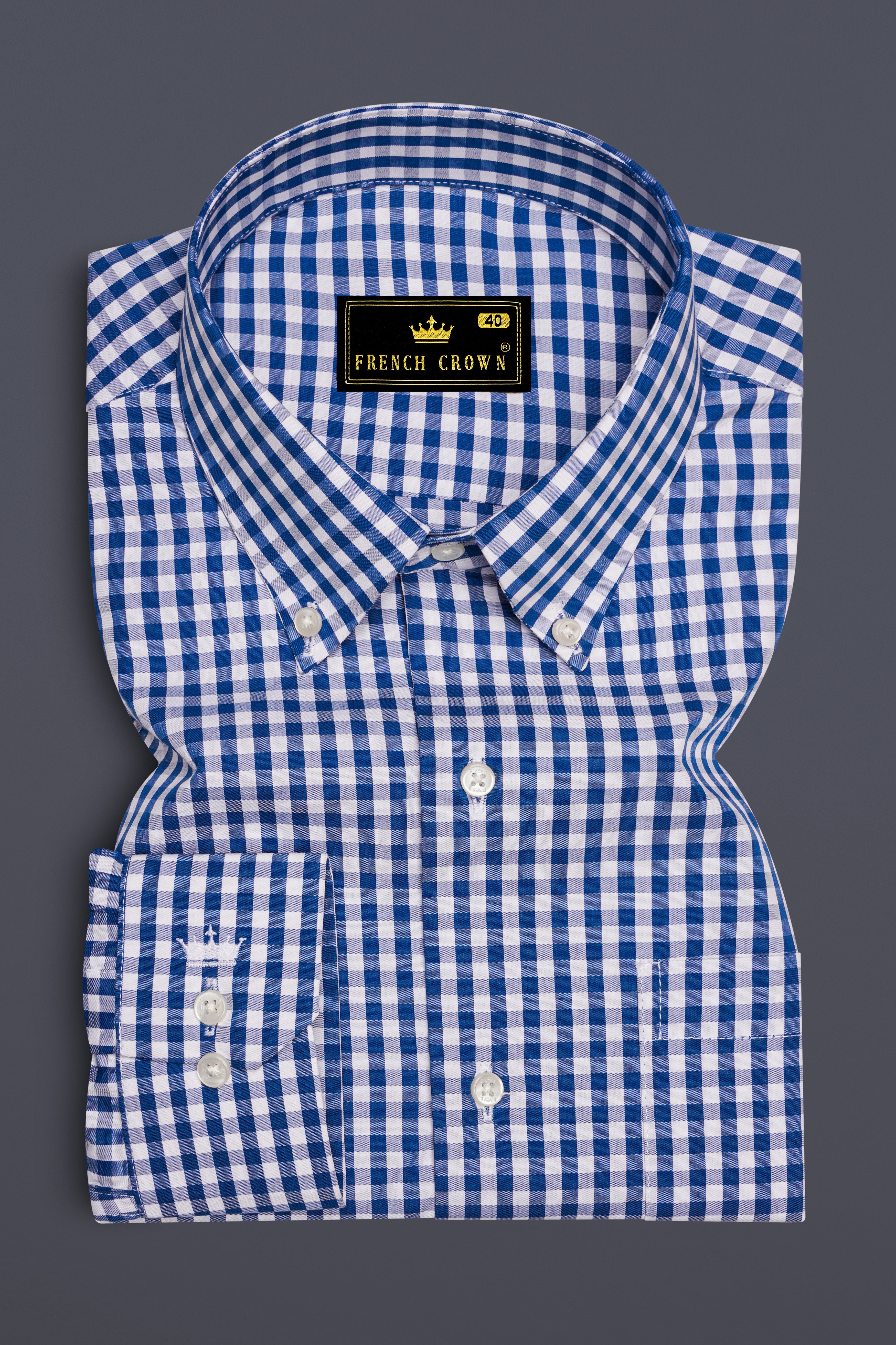Azivon-Lapis Blue And Bright White Gingham Plaid Super Soft Premium Cotton Semi Formal Shirt