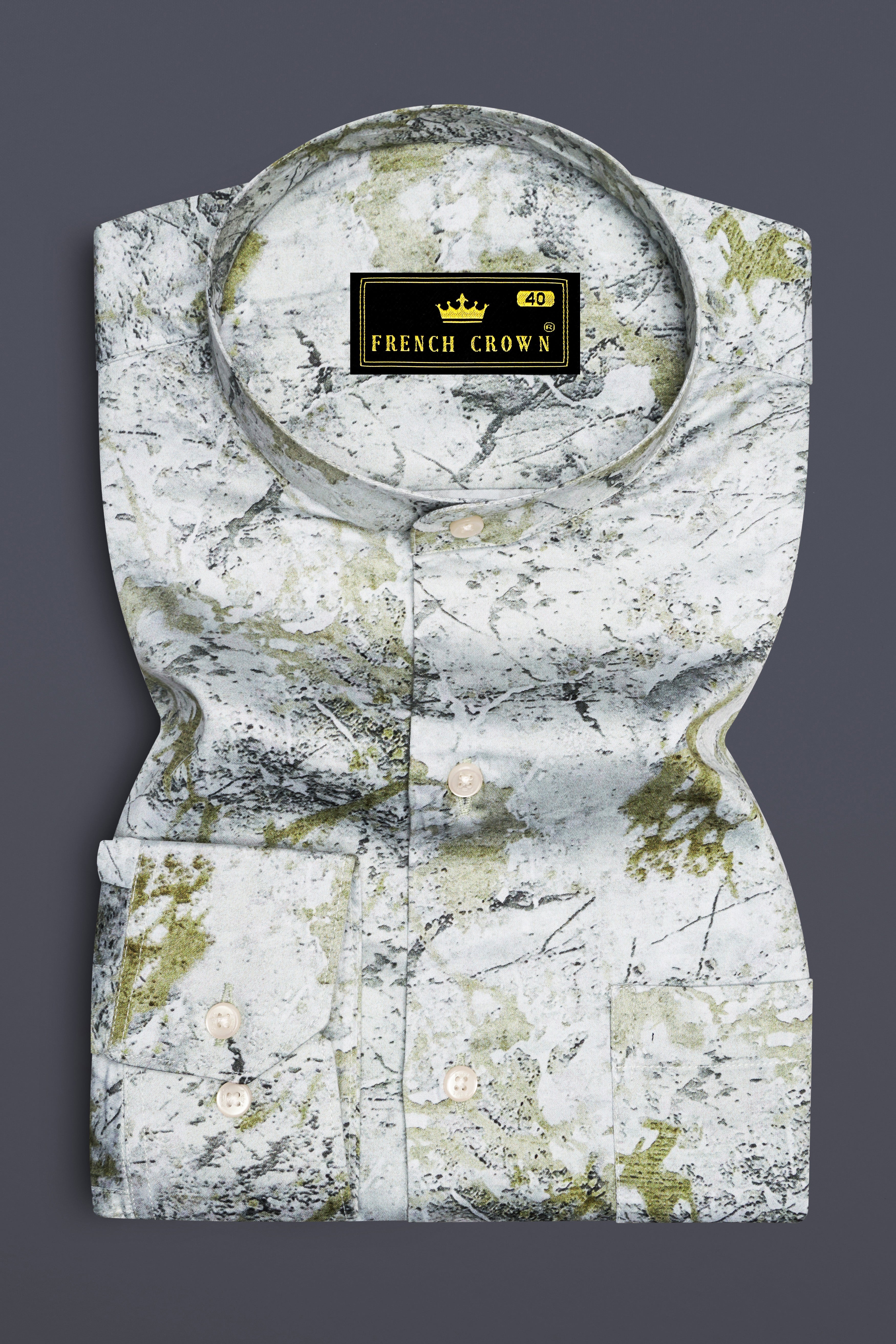 Camivor-Bright White With Camo Green Moss Marble Printed Subtle Sheen Super Soft Premium Cotton Casual Shirt