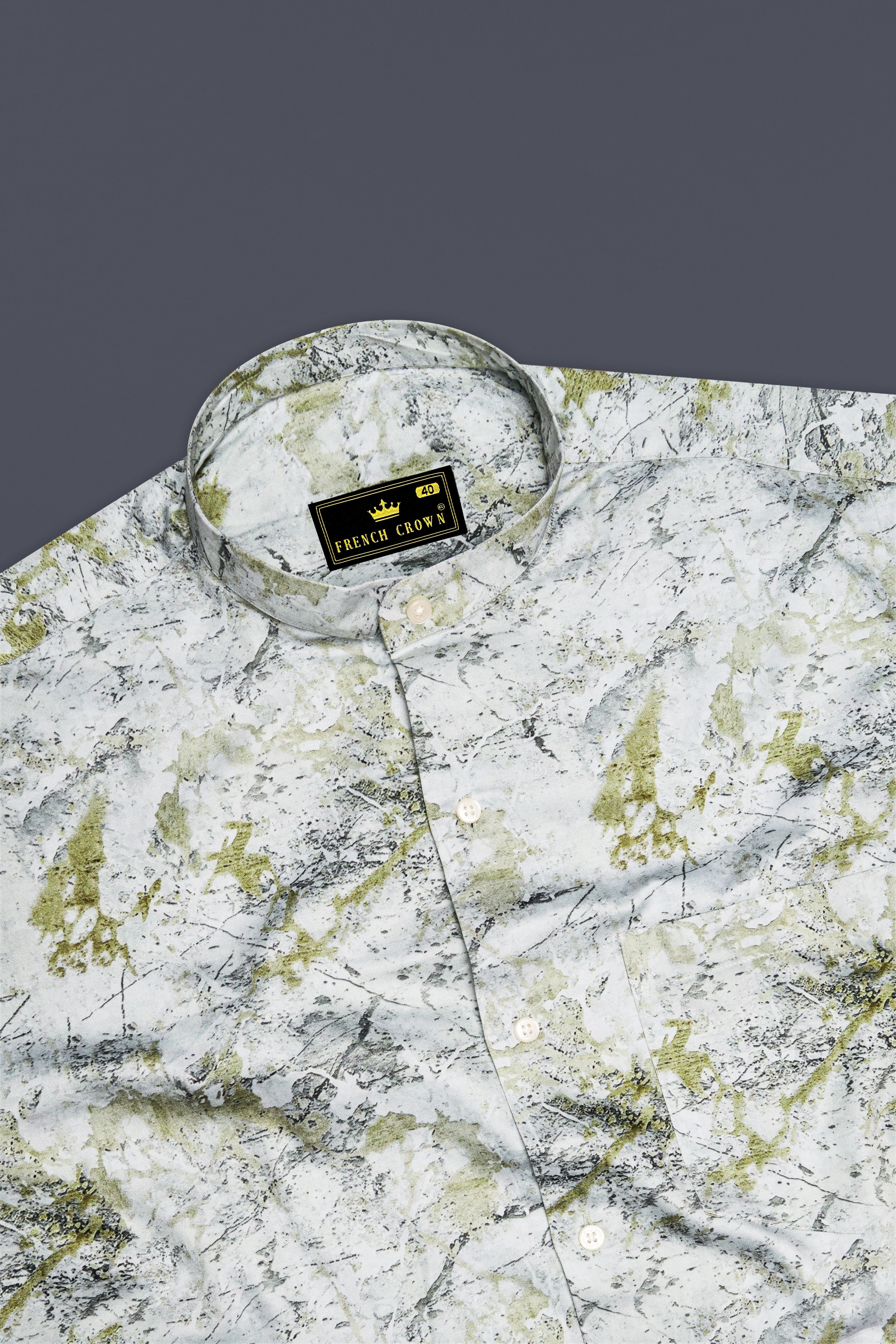 Camivor-Bright White With Camo Green Moss Marble Printed Subtle Sheen Super Soft Premium Cotton Casual Shirt