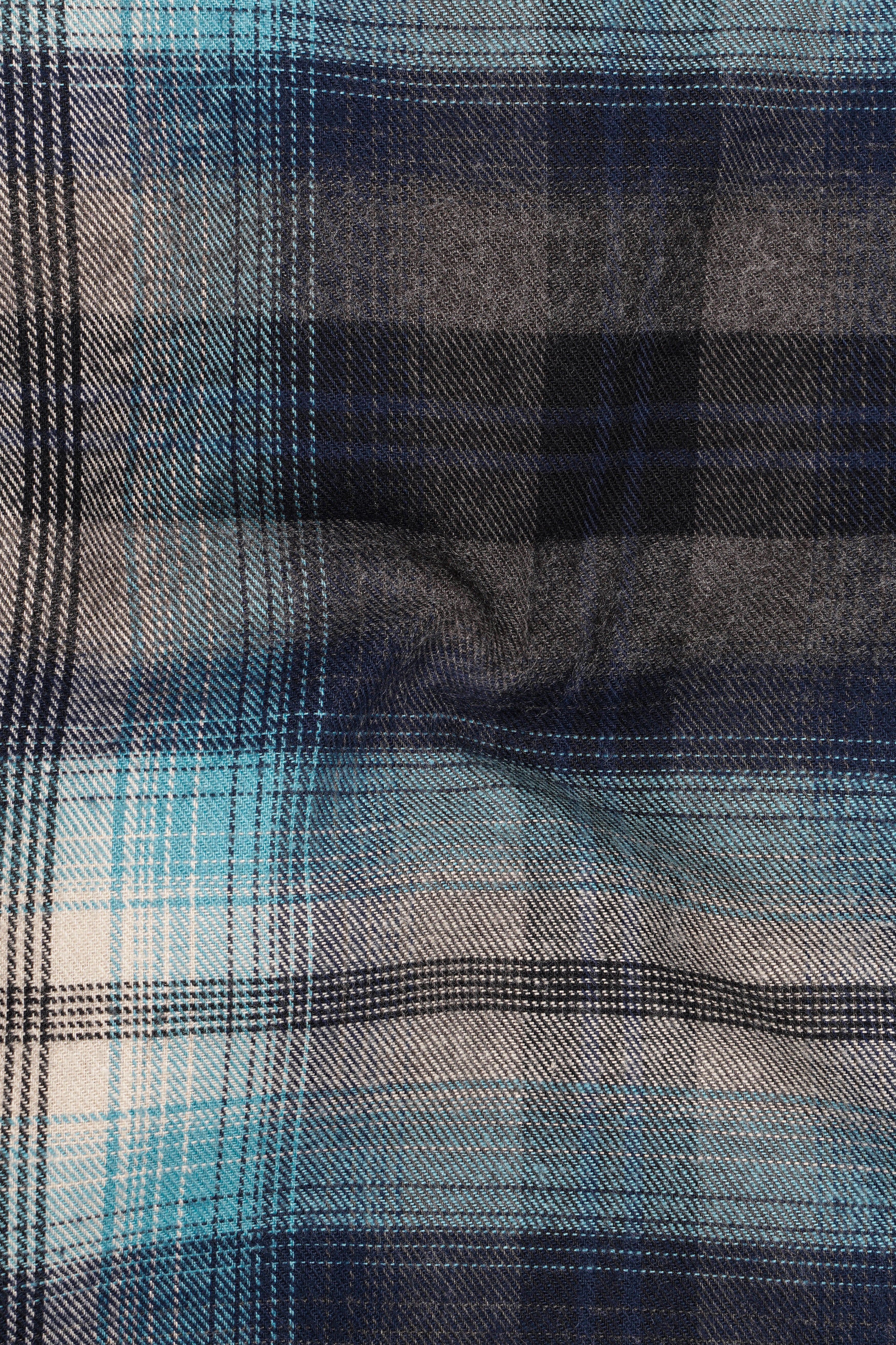 Bianoro-Cinder Blue And Antique Cream Plaid Heavyweight Super Soft Premium Flannel Cotton Casual Shirt