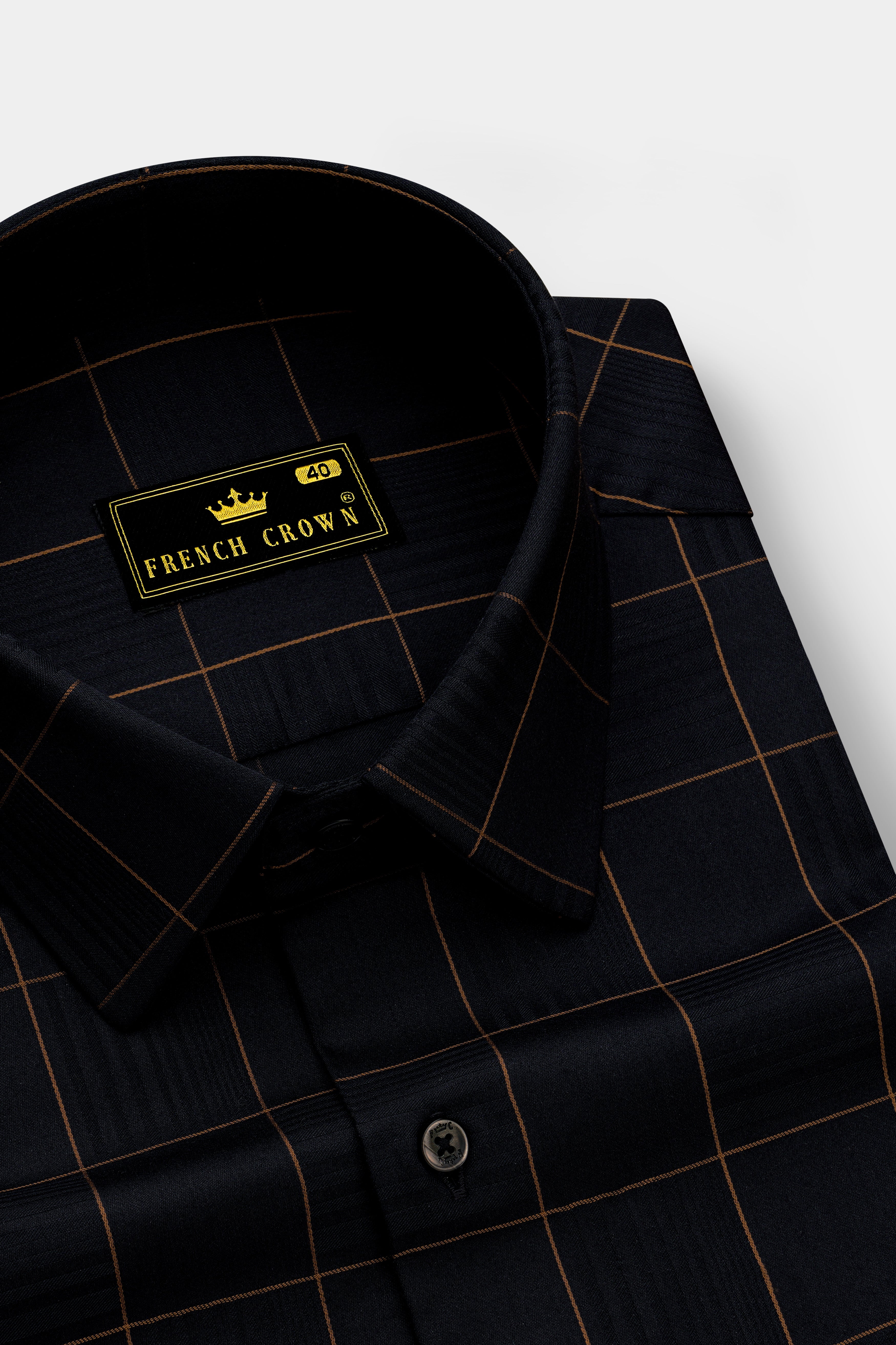 Aurenzo-Jade Black And Earth Orange Windowpane Jacquard Textured Premium Cotton Dress Shirt