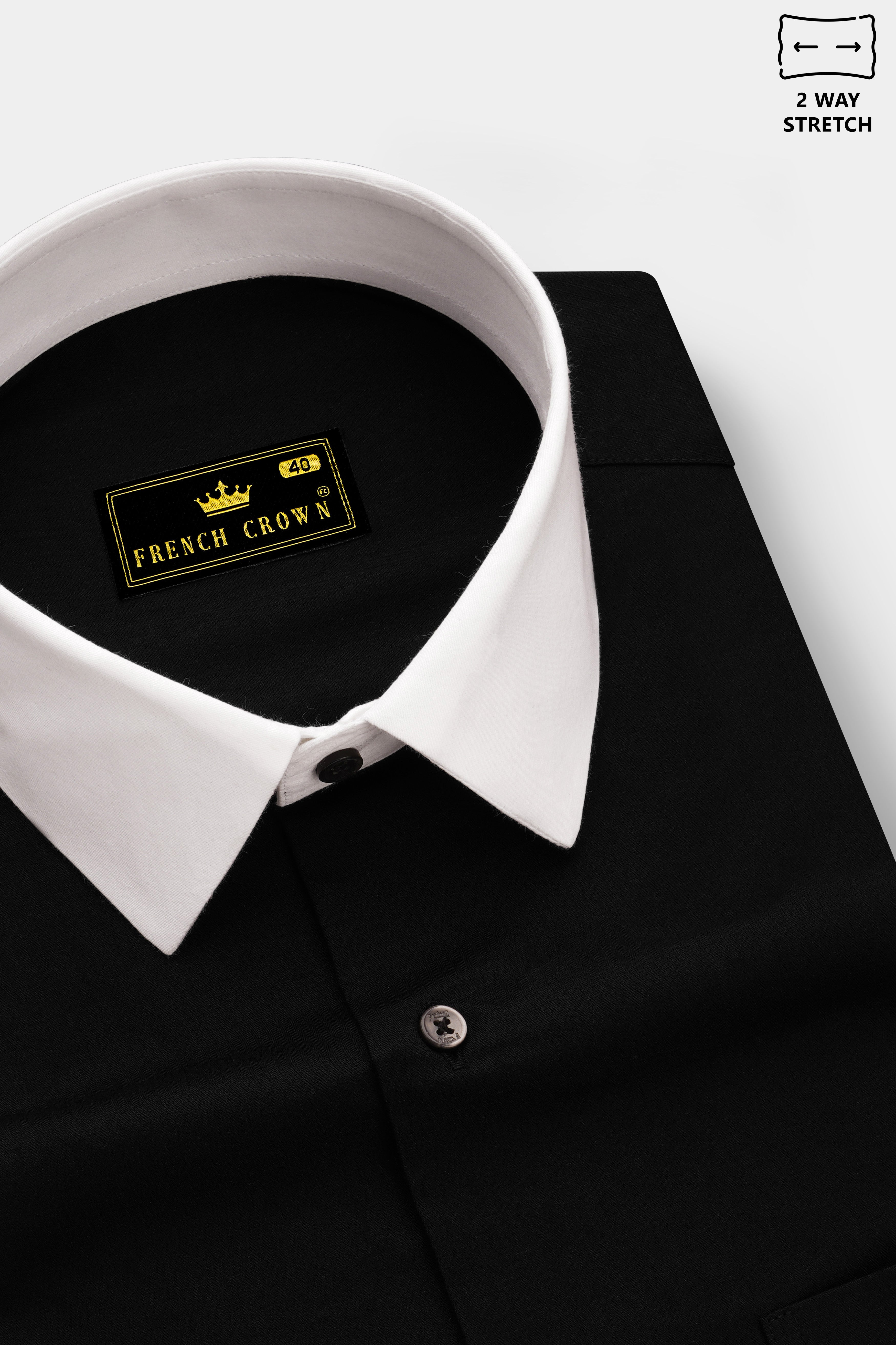 Nerbian-Jade Black Stretchable Twill Premium Cotton White Cuff Collar Dress Shirt