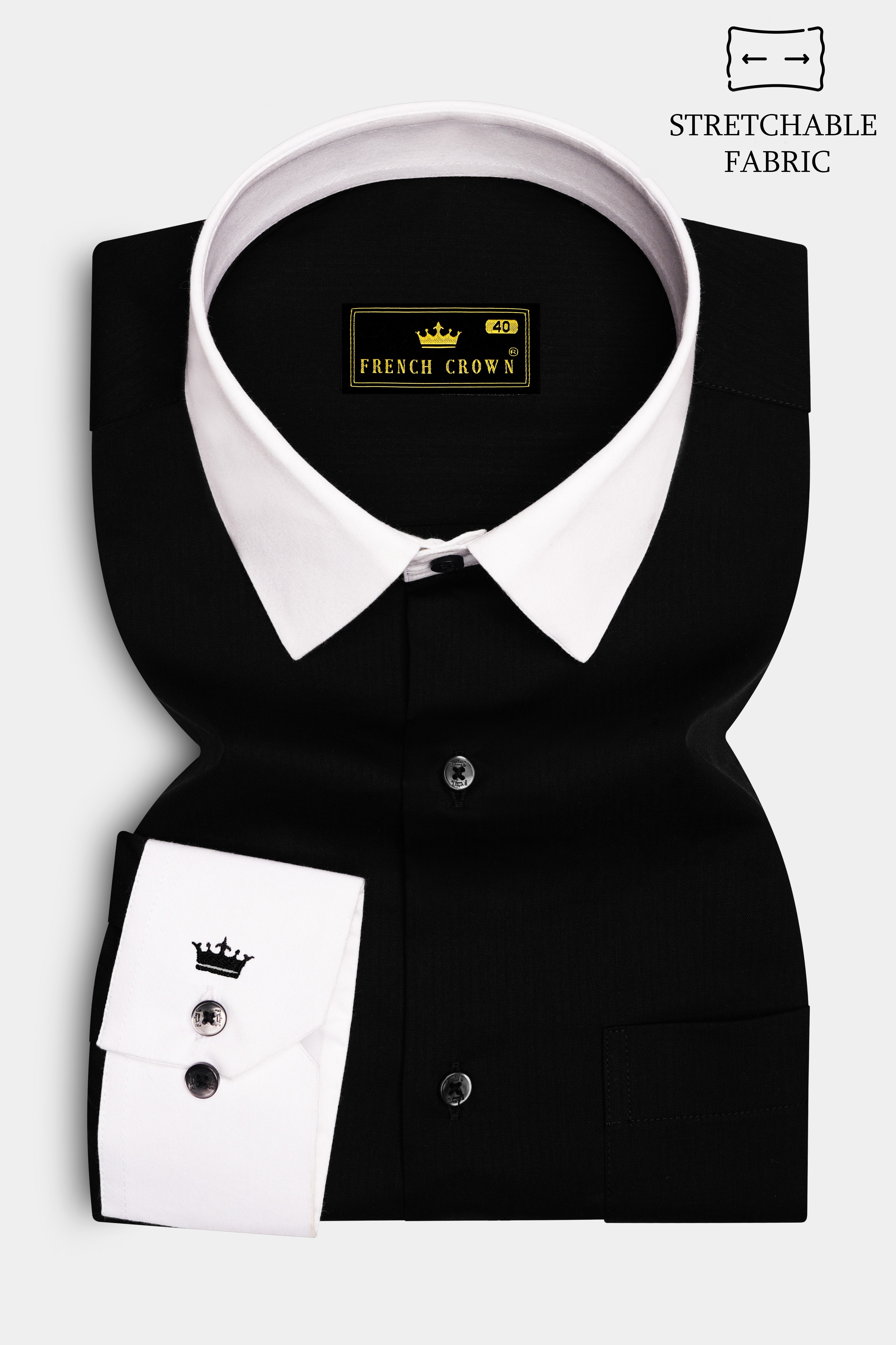 Nerbian-Jade Black Stretchable Twill Premium Cotton White Cuff Collar Dress Shirt