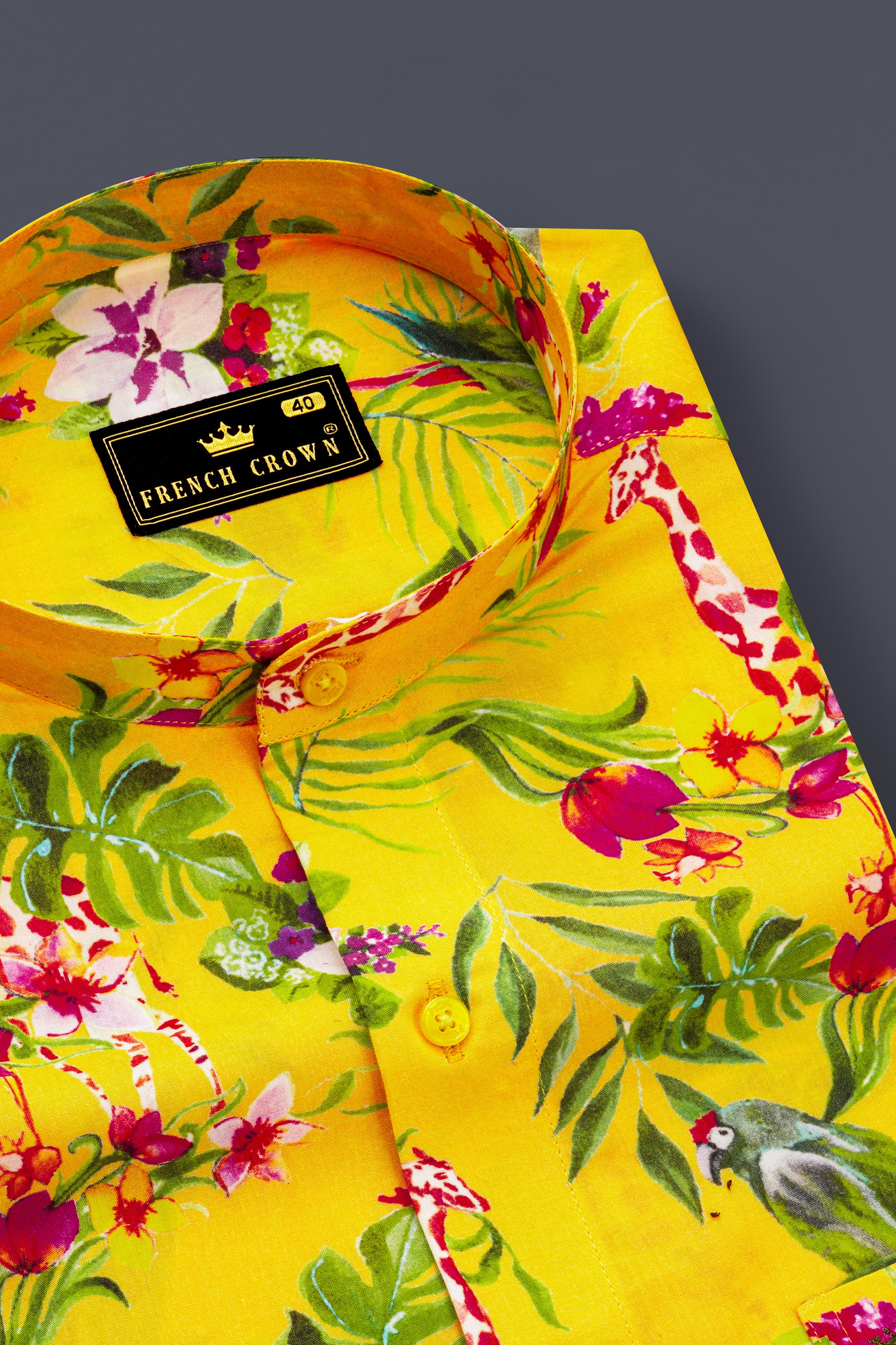 【イエロー（80）】Canty Open Collar Bird Printed SS Shirt Aurevia-Supernova Yellow And Mustard Green Prints Casual Premium