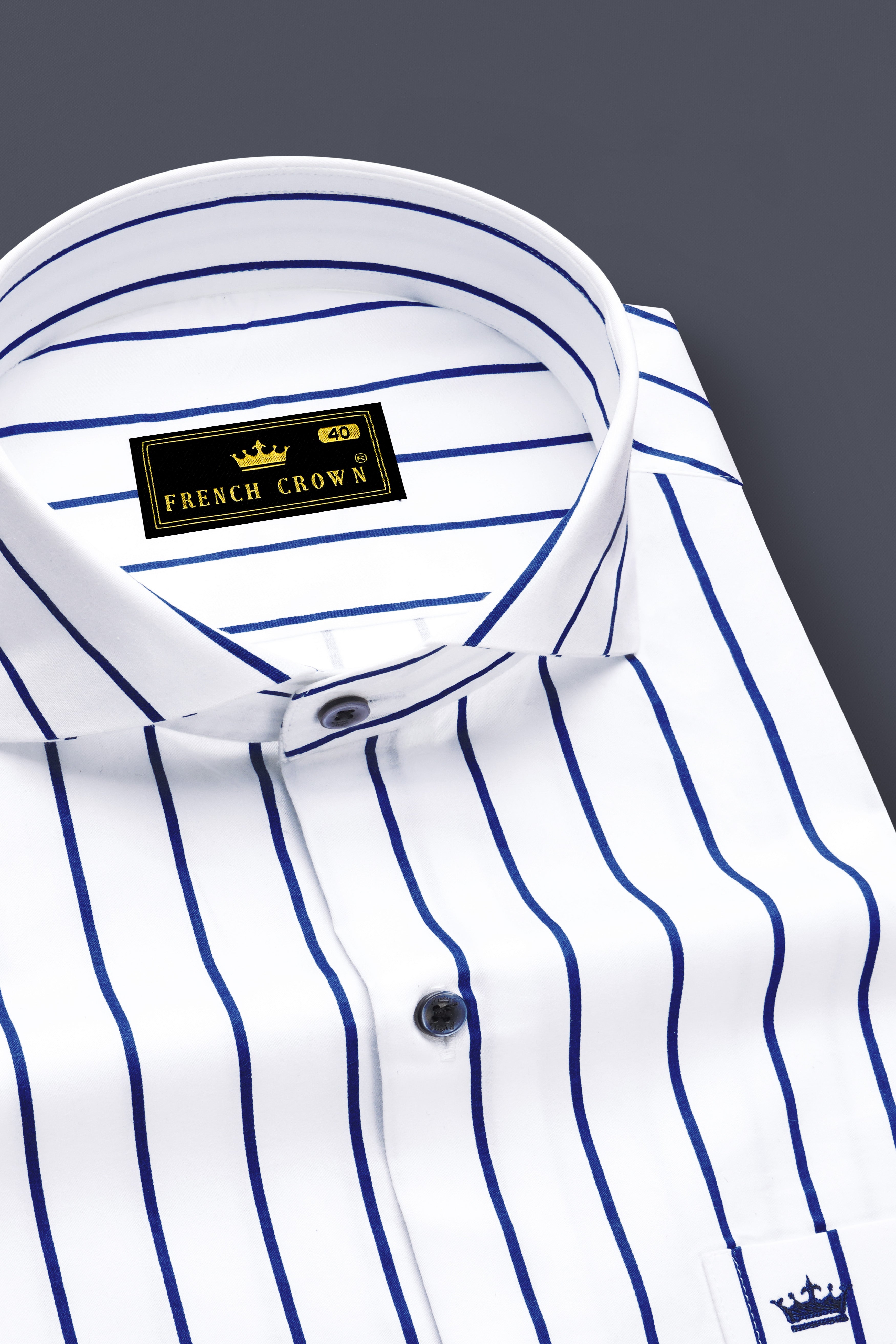 Lustrivon-Bright White And Downriver Blue Pin Striped Subtle Sheen Super Soft Premium Cotton Cut Away Collar Dress Shirt