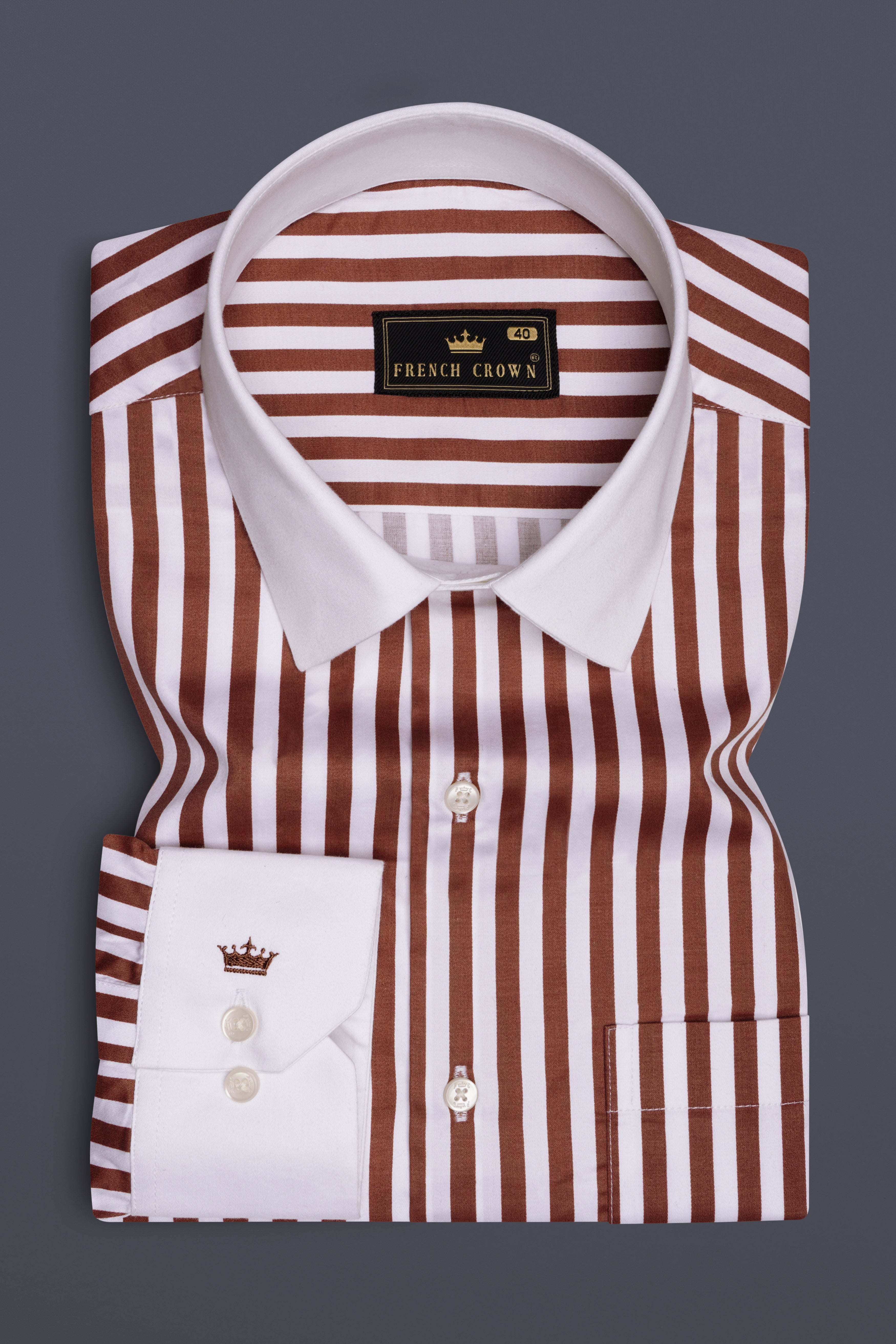 Brunoro-Ironstone Brown And Bright White Candy Striped Subtle Sheen Super Soft Premium Cotton White Cuff Collar Dress Shirt