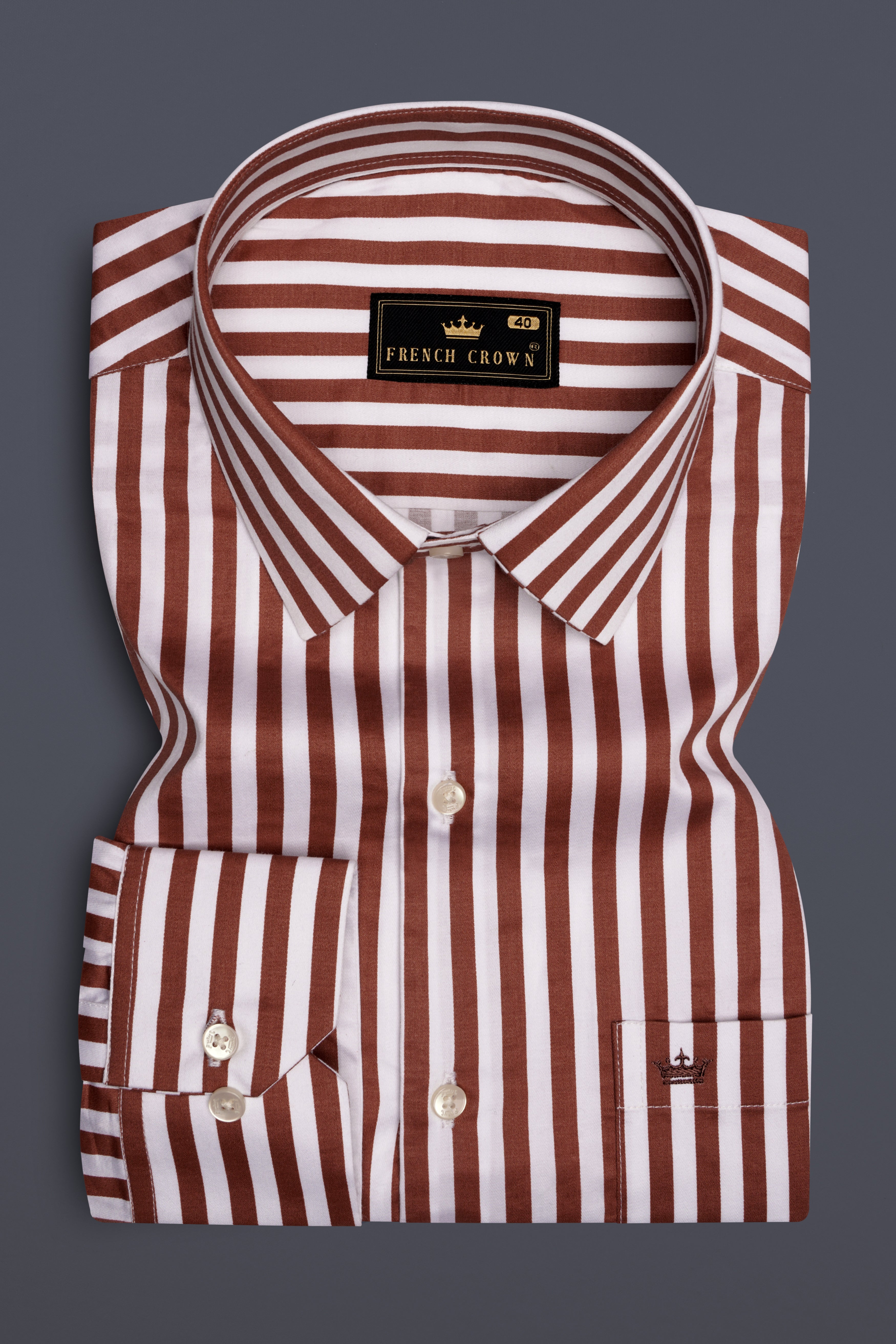 Brunoro-Ironstone Brown And Bright White Candy Striped Subtle Sheen Super Soft Premium Cotton Dress Shirt