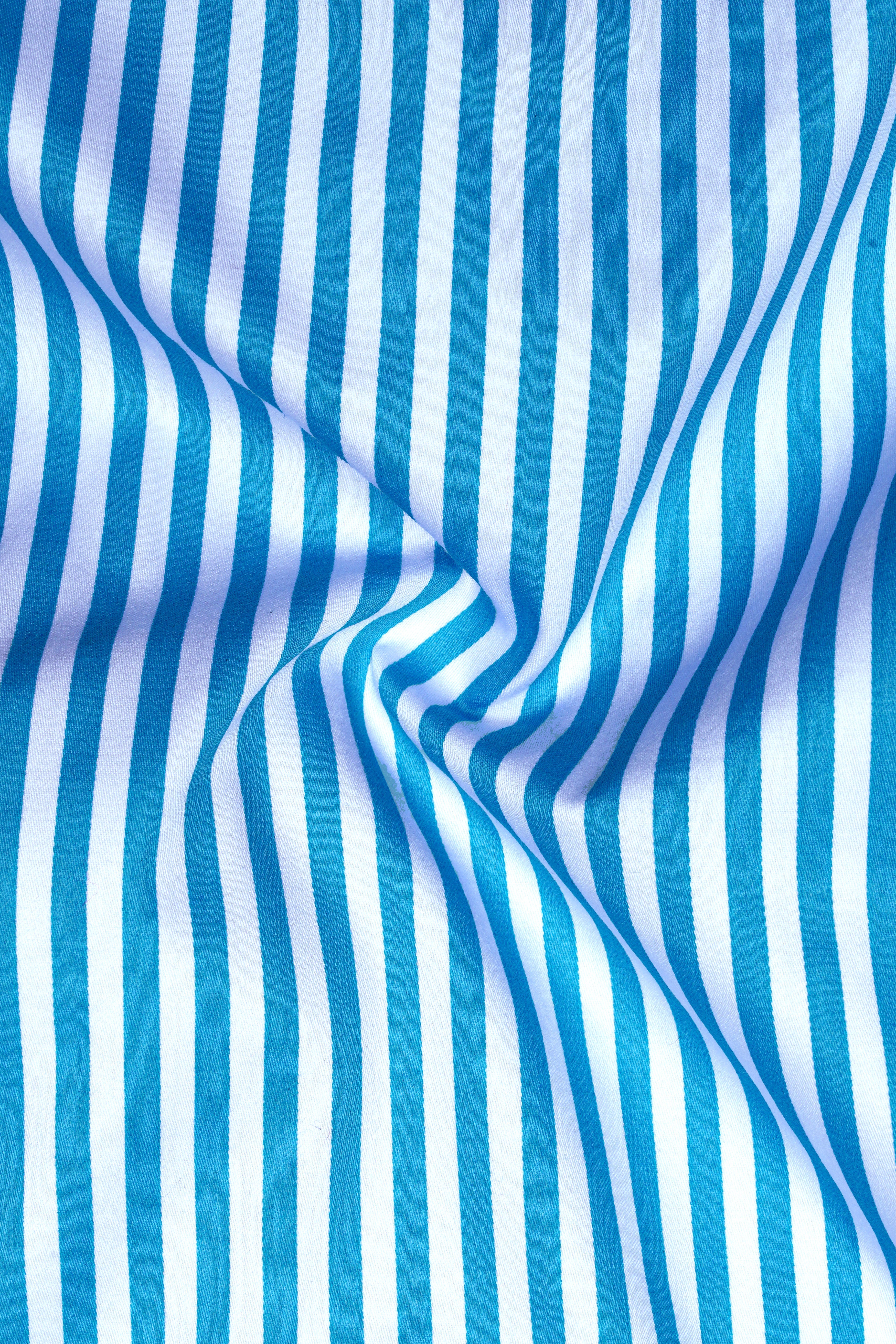 Aureline-Cerulean Blue And Bright White Candy Striped Super Soft Premium Cotton Formal White Cuff Collar Shirt