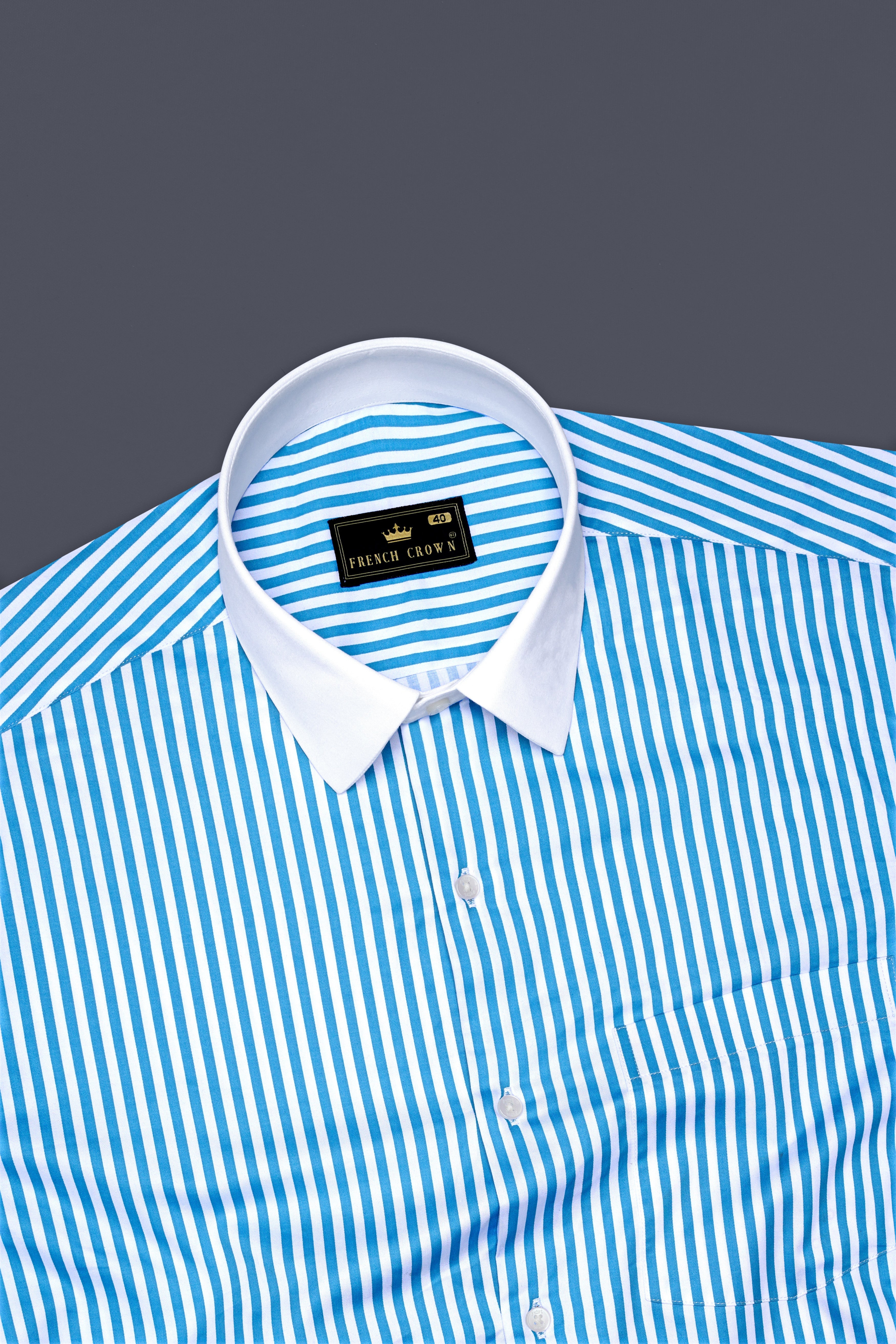Aureline-Cerulean Blue And Bright White Candy Striped Super Soft Premium Cotton Formal White Cuff Collar Shirt