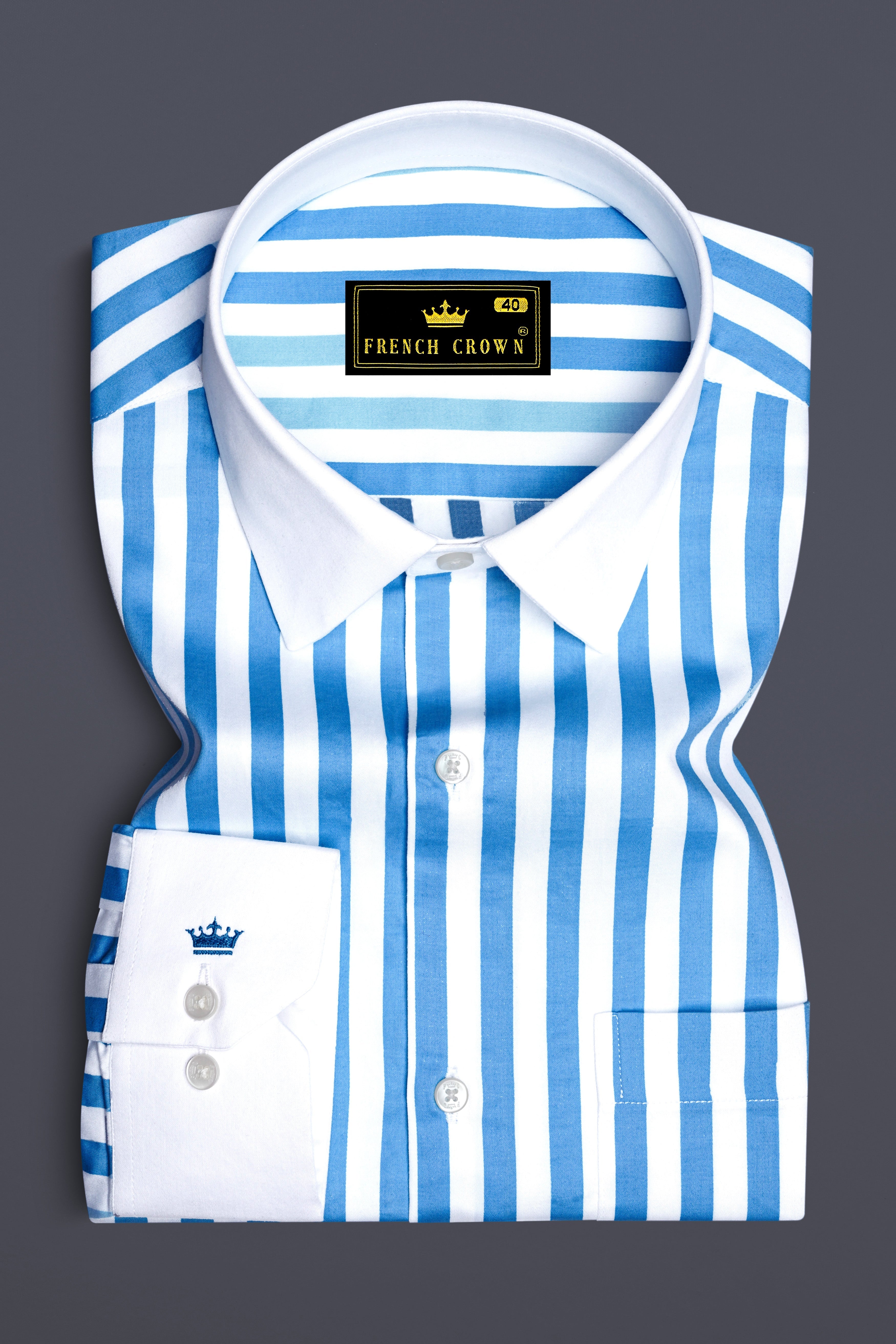 Aurecel-Celestial Blue And Bright White Awning Striped Super Soft Premium Cotton Formal White Cuff Collar Shirt