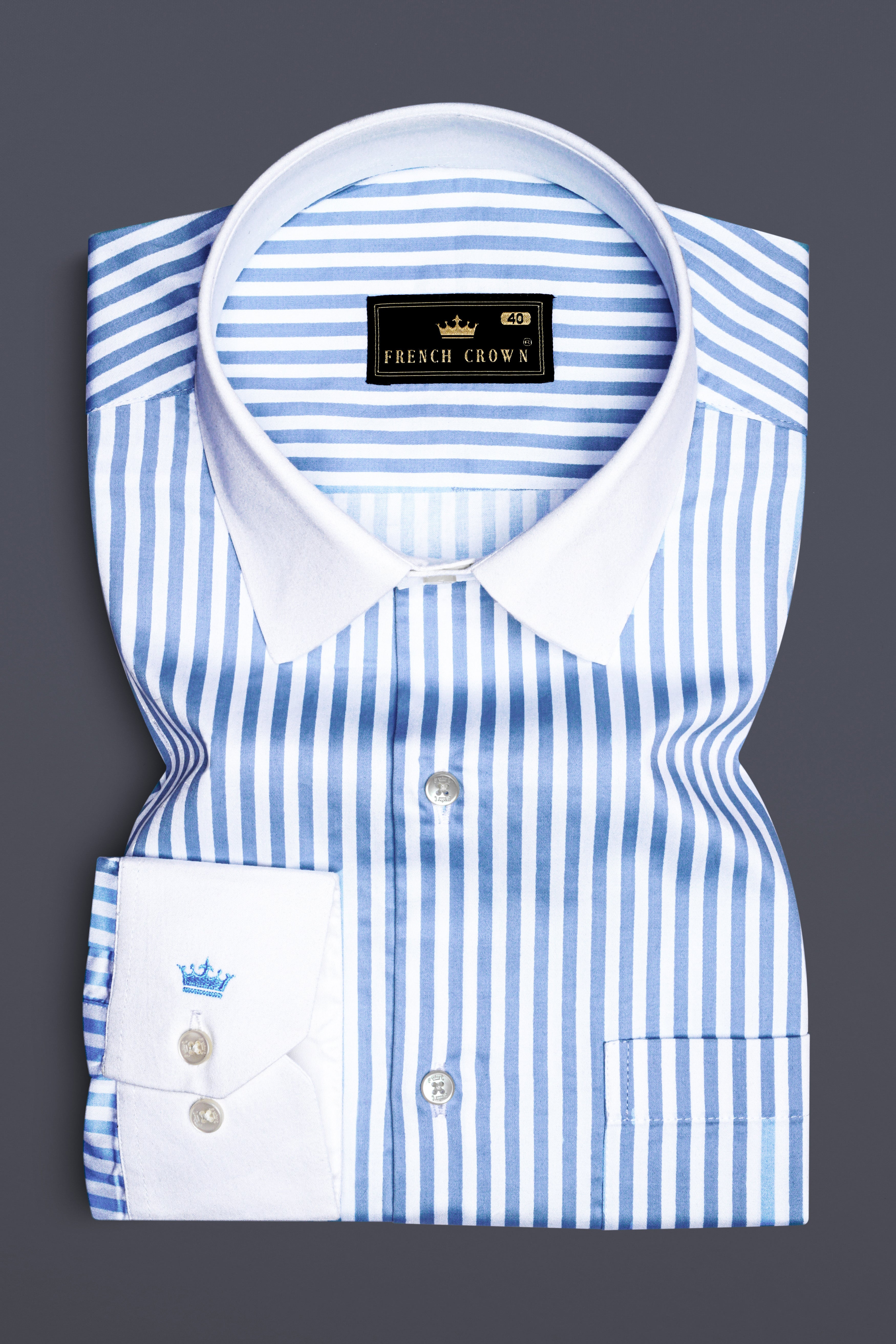 Ceruloro-Glacier Blue And Bright White Candy Striped Super Soft Premium Cotton Dress White Cuff Collar Shirt