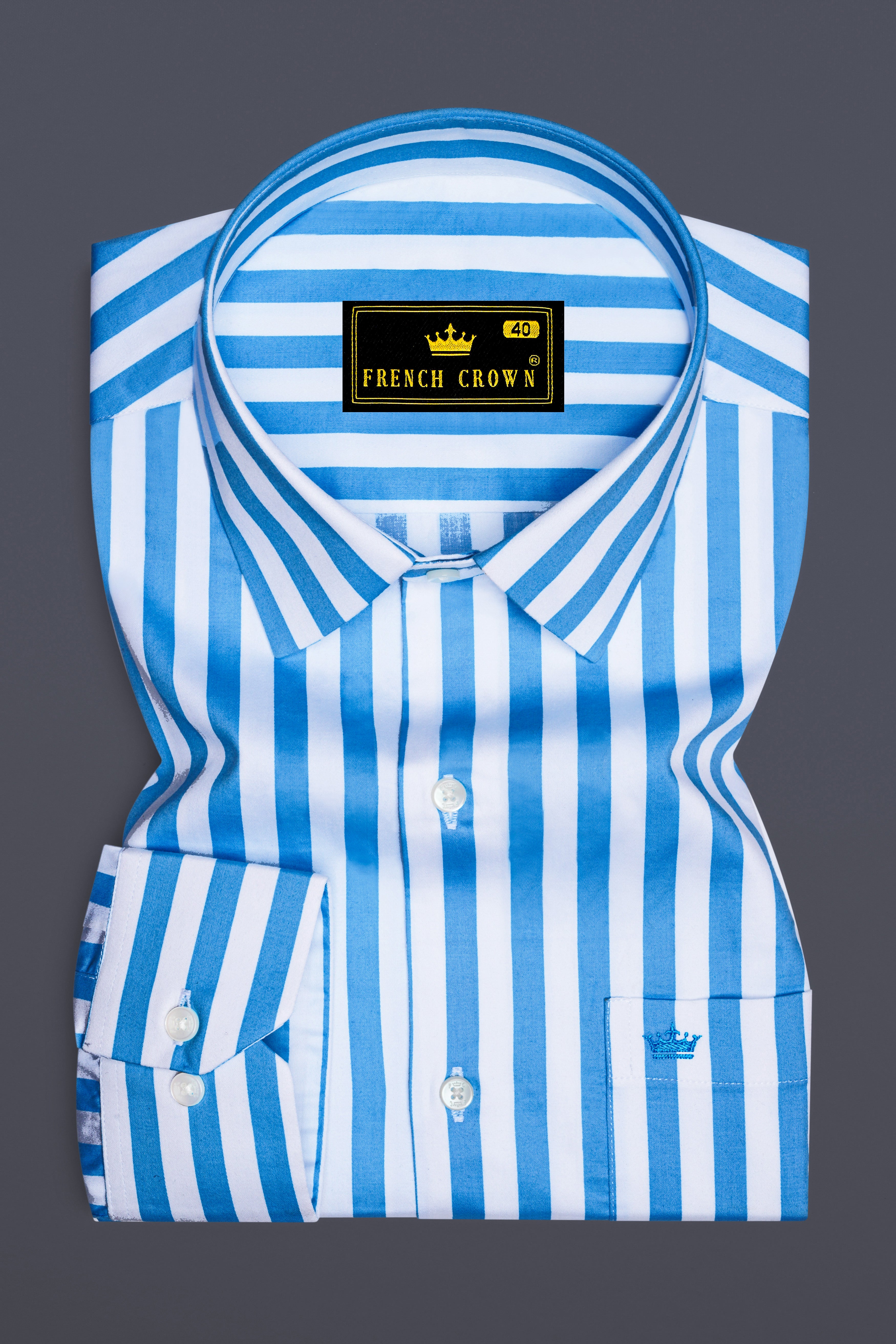 Aurecel-Celestial Blue And Bright White Awning Striped Subtle Sheen Super Soft Premium Cotton Dress Shirt