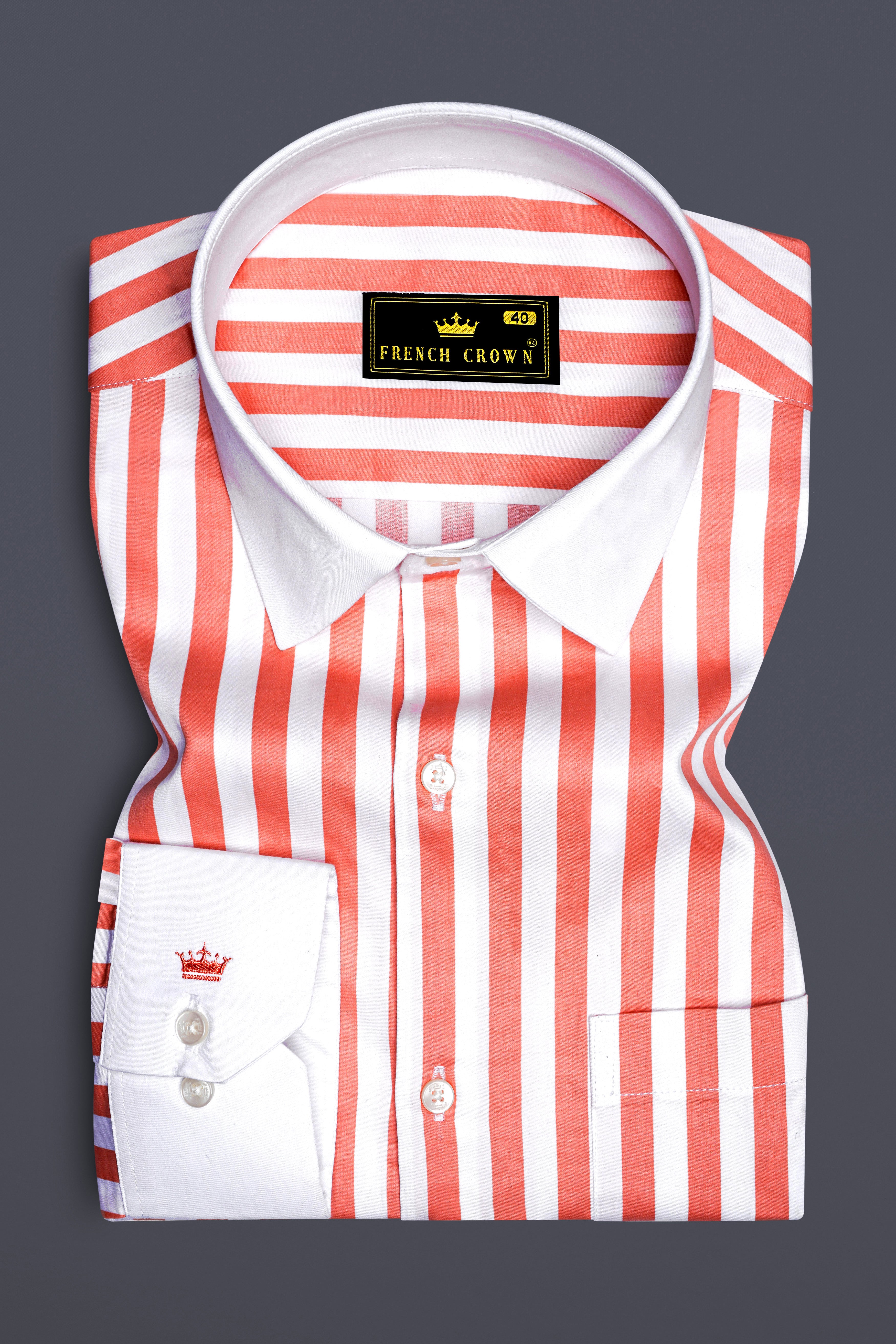 Strivaro-Apricot Peach And Bright White Awning Striped Super Soft Premium Cotton Formal White Cuff Collar Shirt