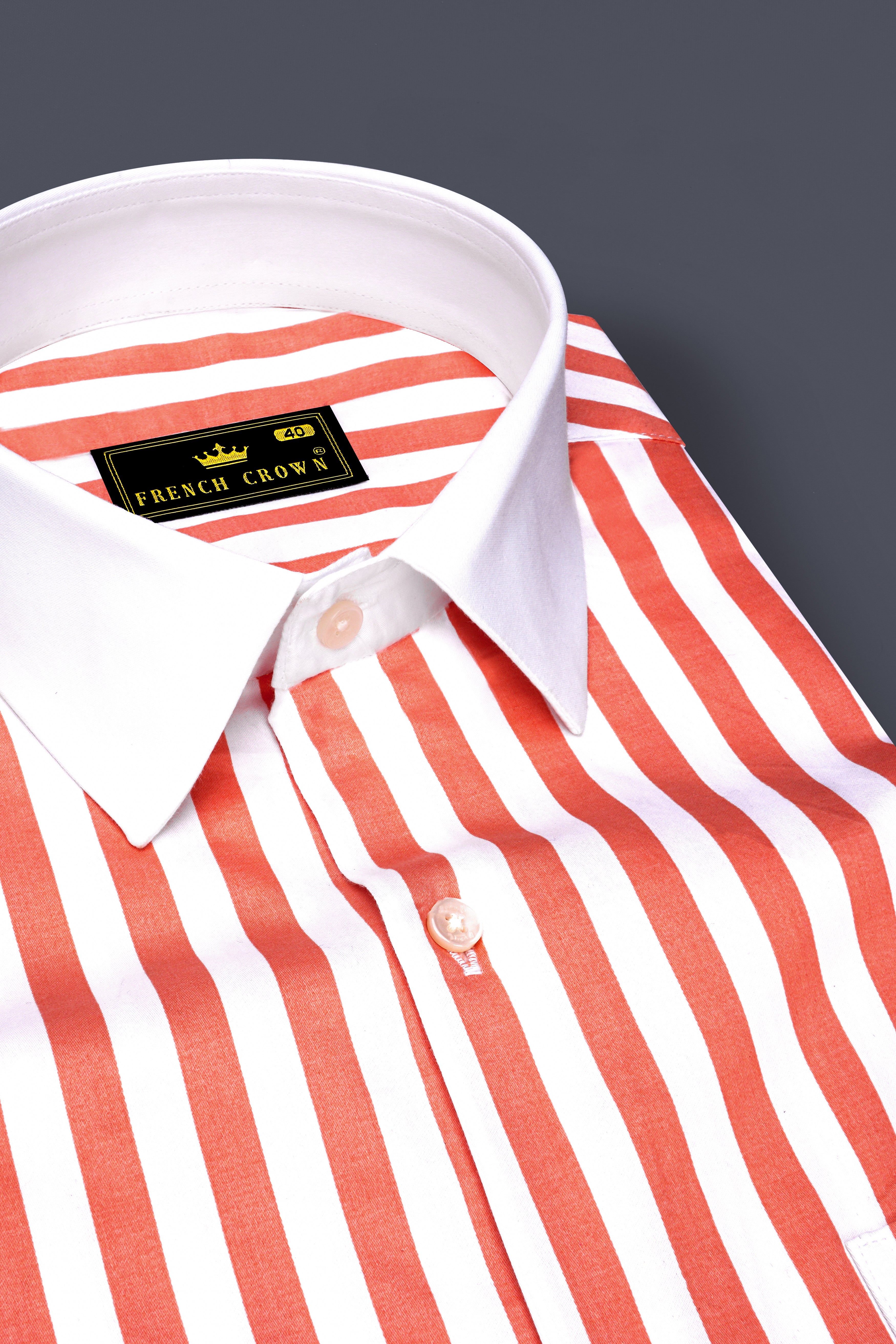Strivaro-Apricot Peach And Bright White Awning Striped Super Soft Premium Cotton Formal White Cuff Collar Shirt
