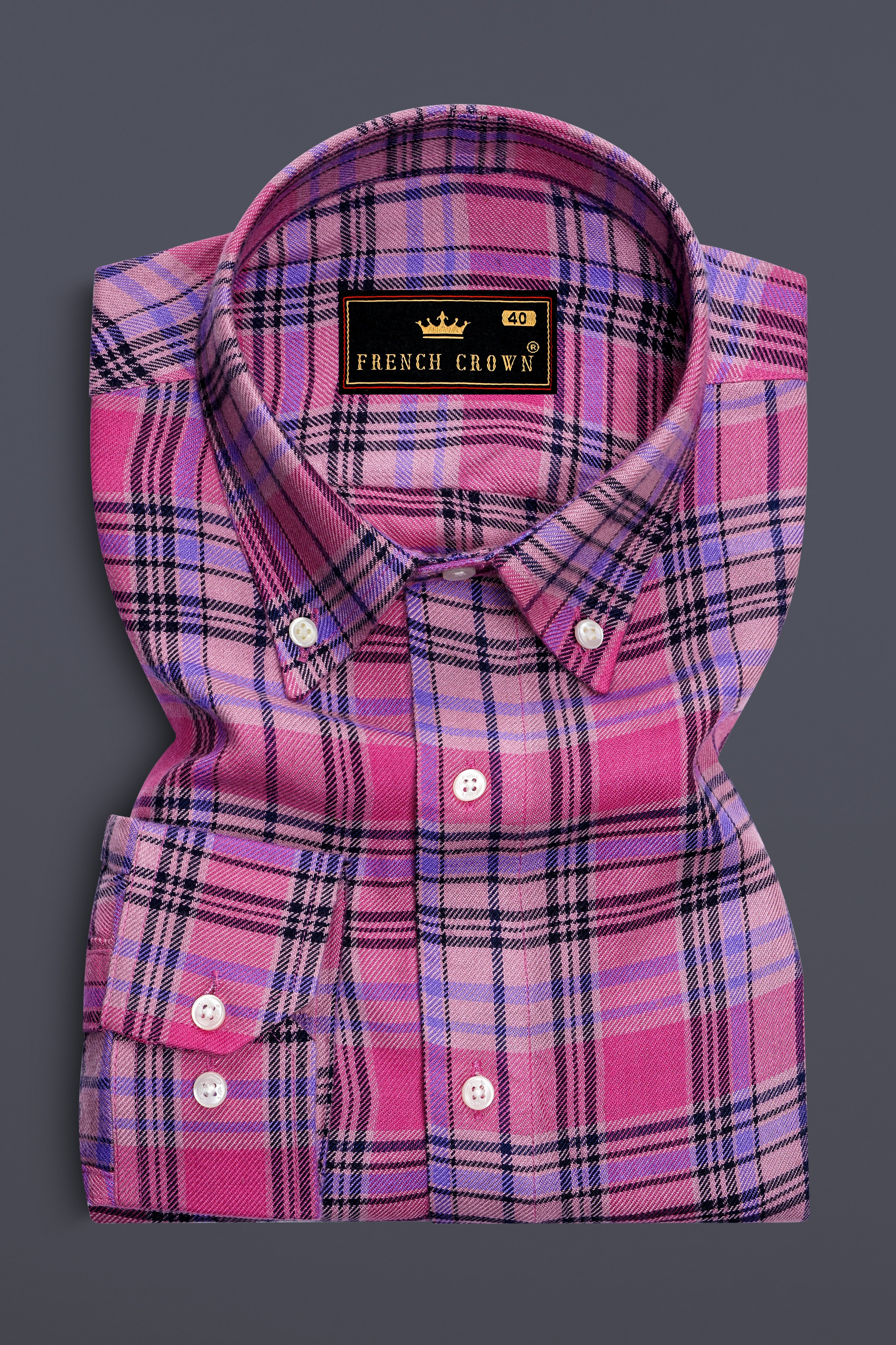 Wistavon-Mulberry Pink And Wisteria Purple Plaid Flannel Premium Cotton Casual Shirt