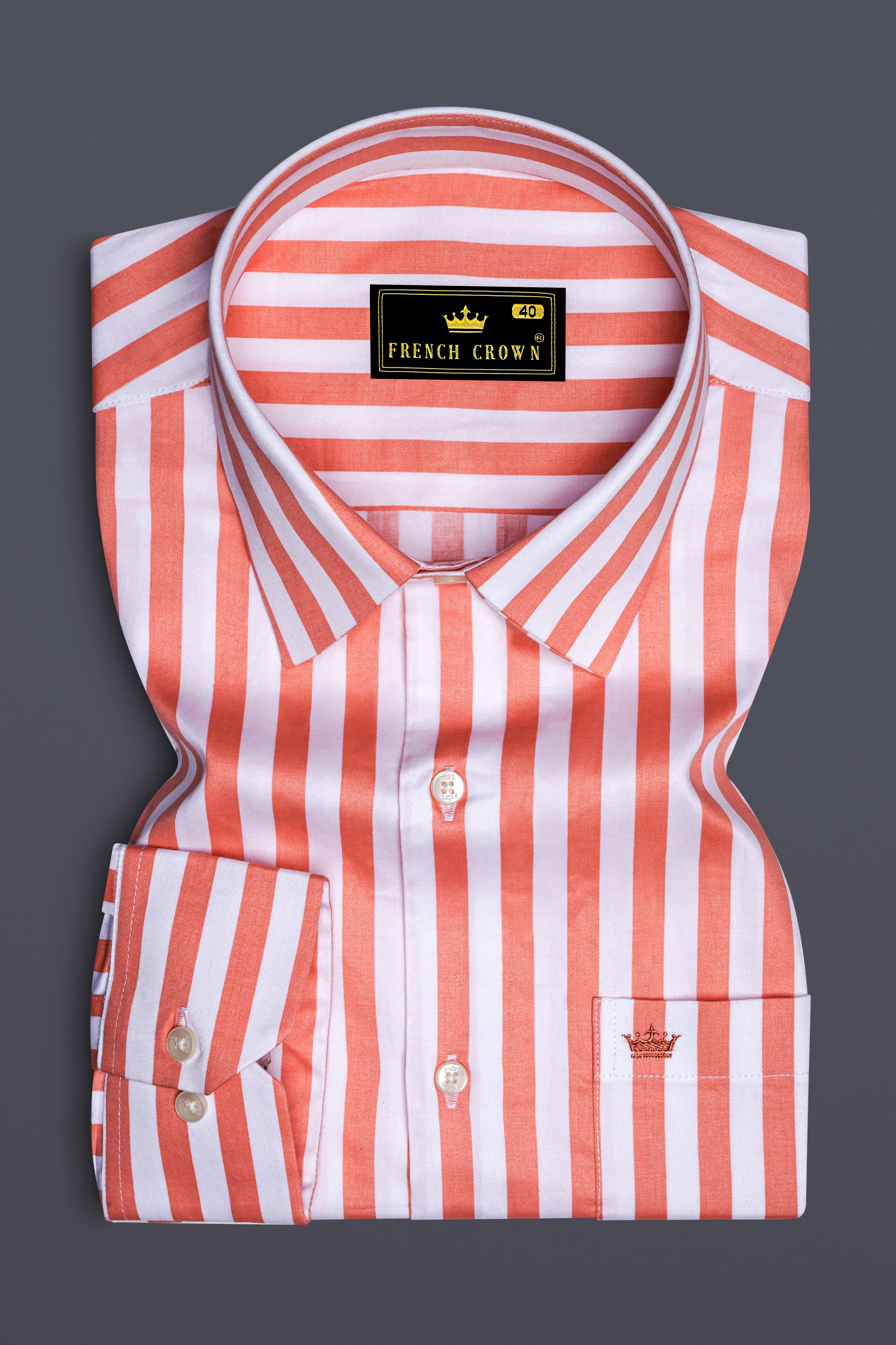 Strivaro-Apricot Peach And Bright White Awning Striped Subtle Sheen Super Soft Premium Cotton Dress Shirt
