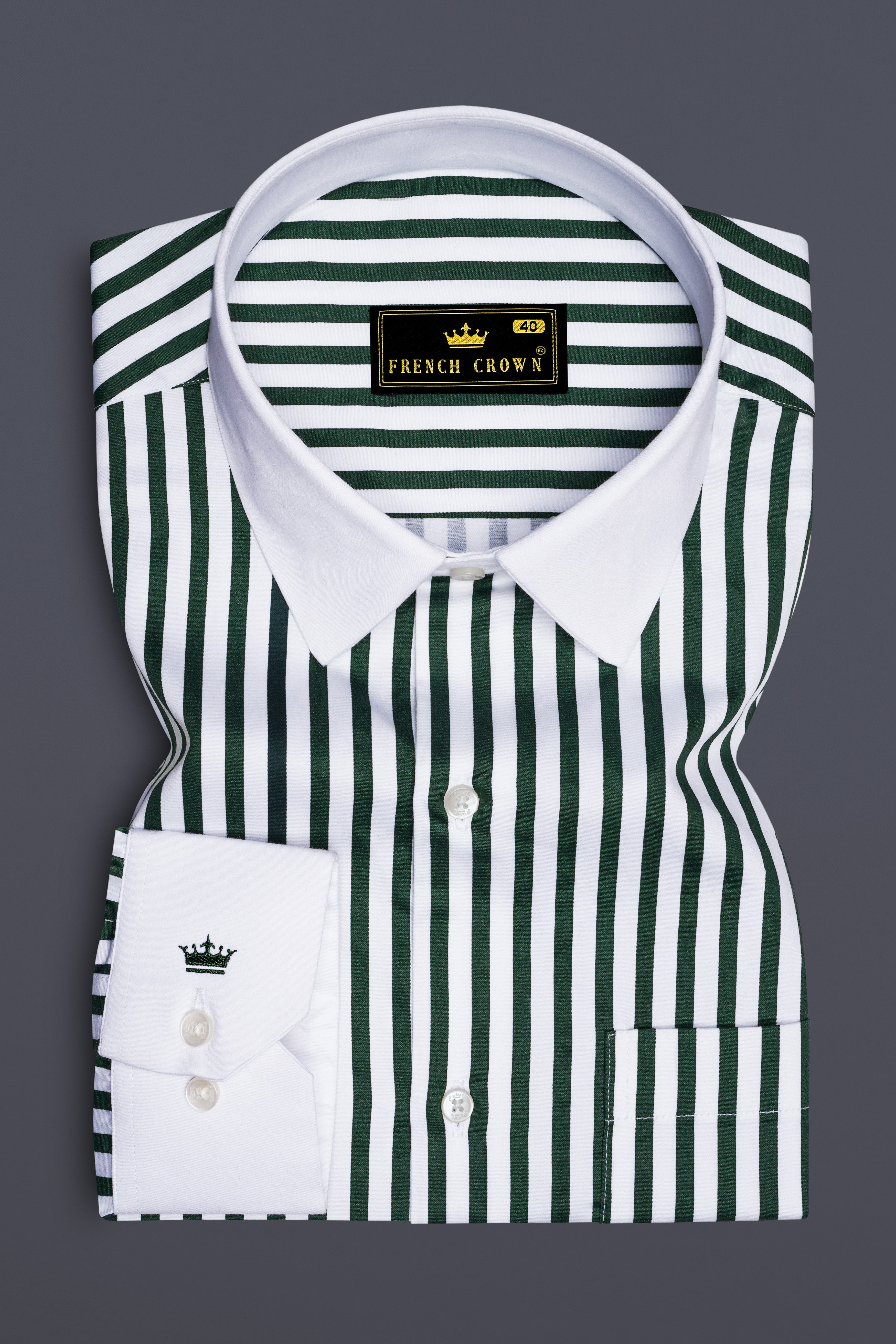 Thalvoro-Phthalo Green And Bright White Candy Striped Super Soft Premium Cotton Formal White Cuff Collar Shirt