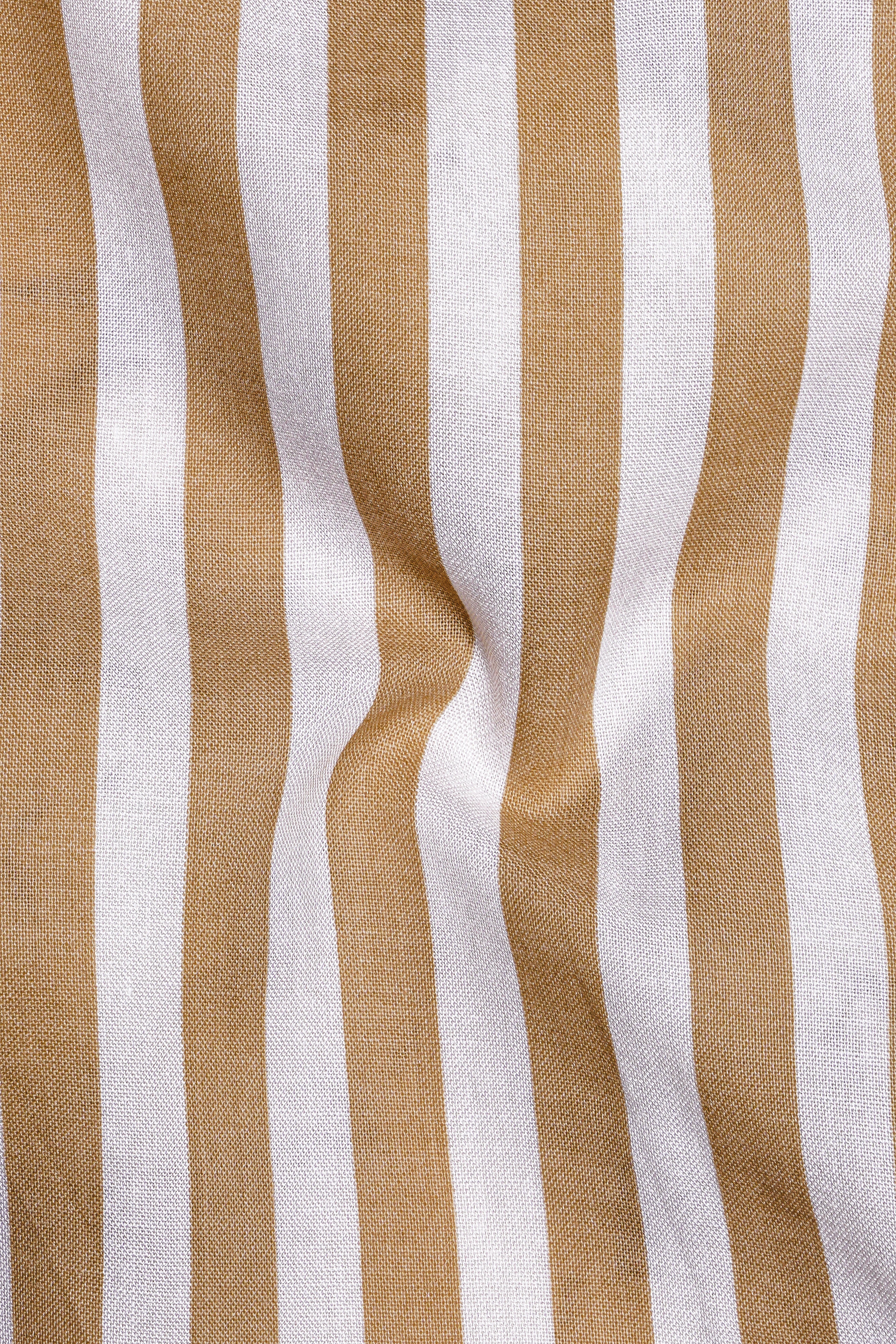 Brunoro-Sandy Brown And Bright White Striped Subtle Sheen Super Soft Premium Cotton Mandarin Dress Shirt
