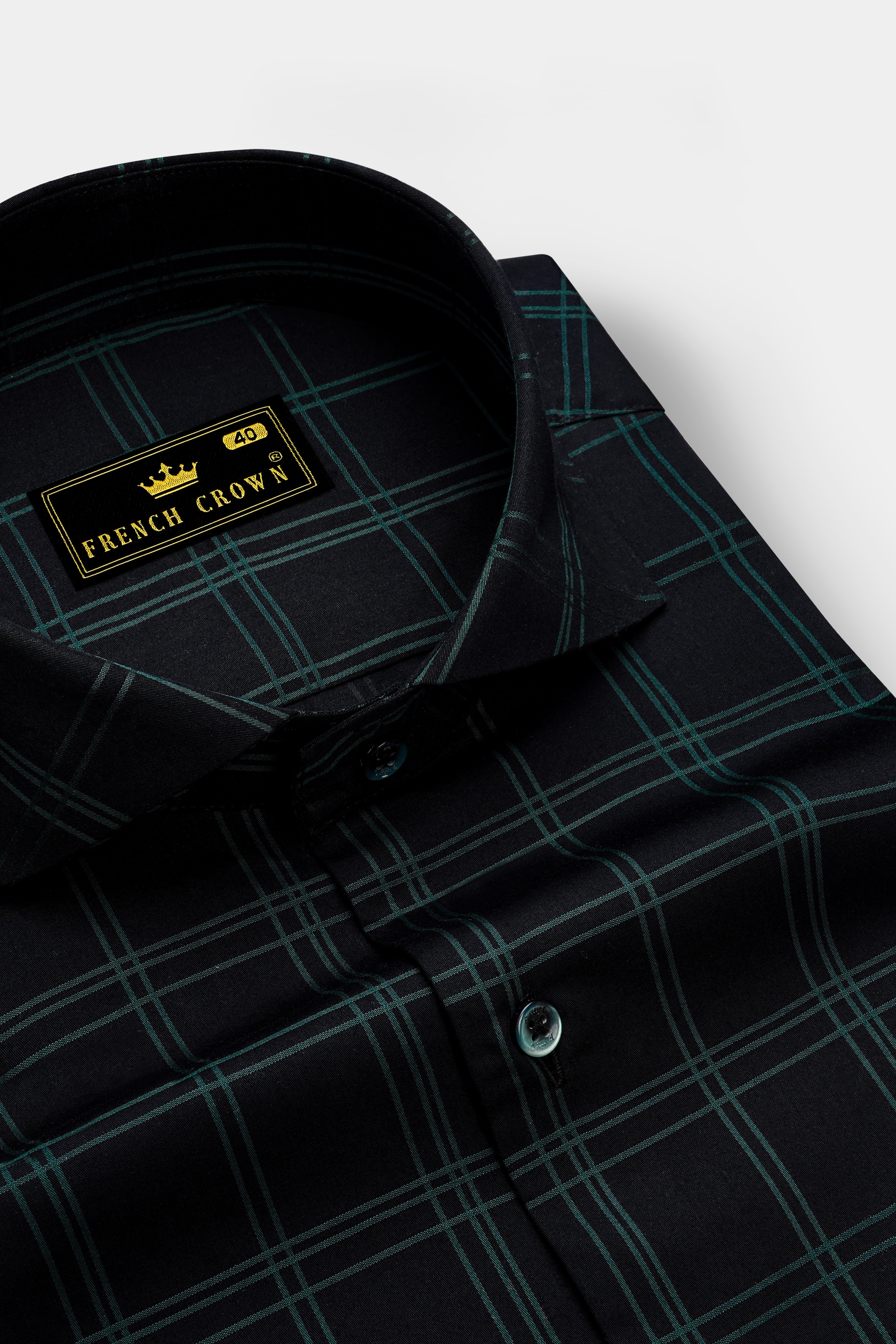 Verdant-Jade Black And Slate Green Plaid Dobby Textured Premium Giza Cotton Dress Shirt