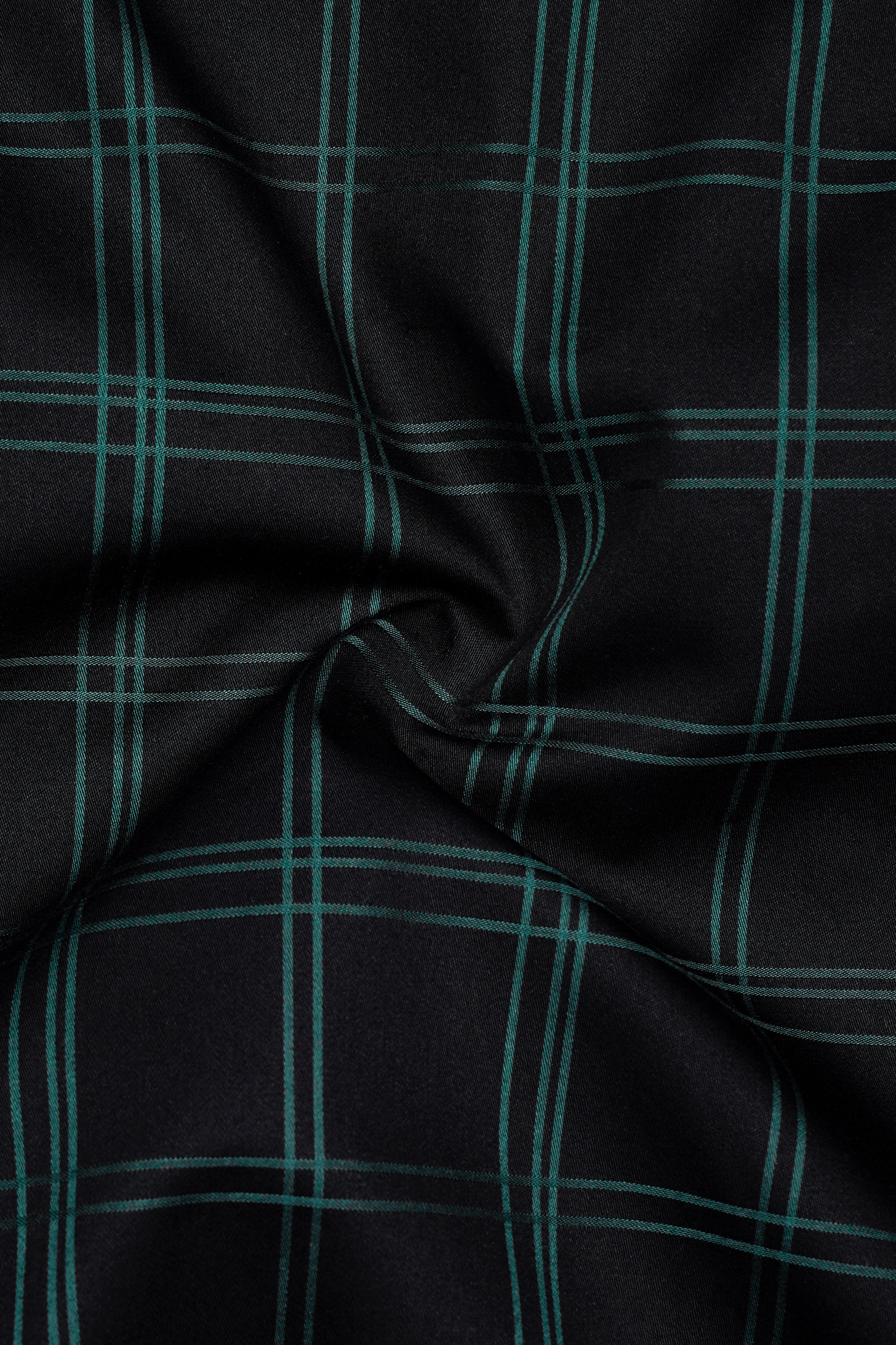Verdant-Jade Black And Slate Green Plaid Dobby Textured Premium Giza Cotton Dress Shirt